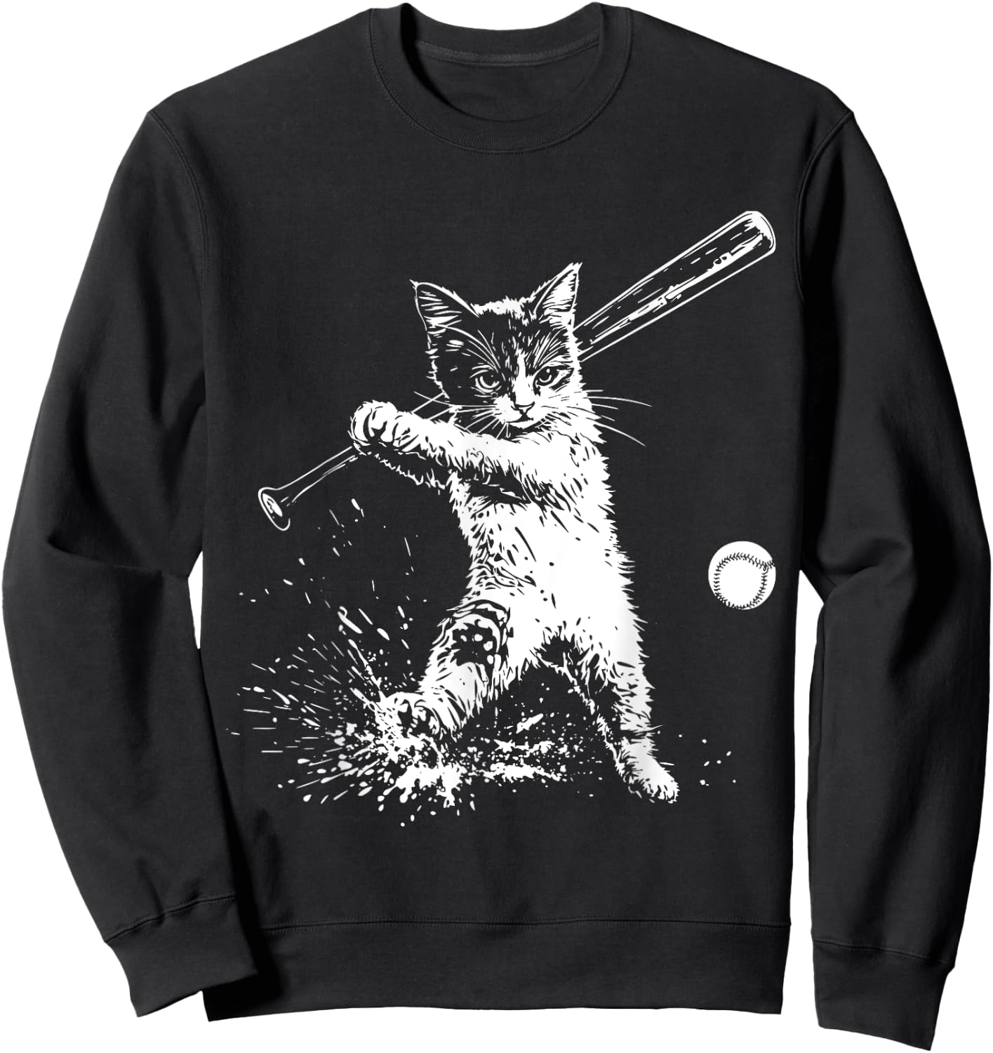 Funny Cat Baseball Graphic Women Kids Sweatshirt - Sweatshirt | Black
