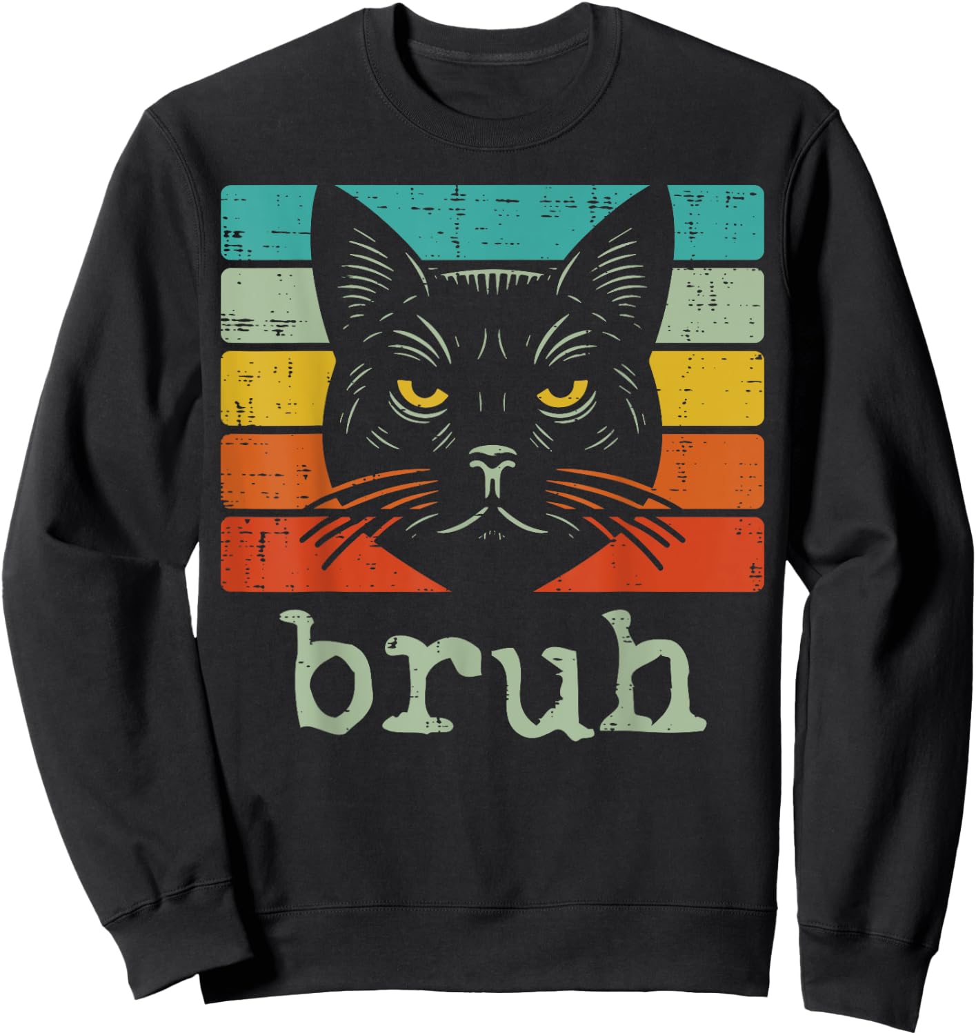 Black Cat Face Bruh Retro Funny Saying Meme Women Men Kids Sweatshirt - Sweatshirt | Black