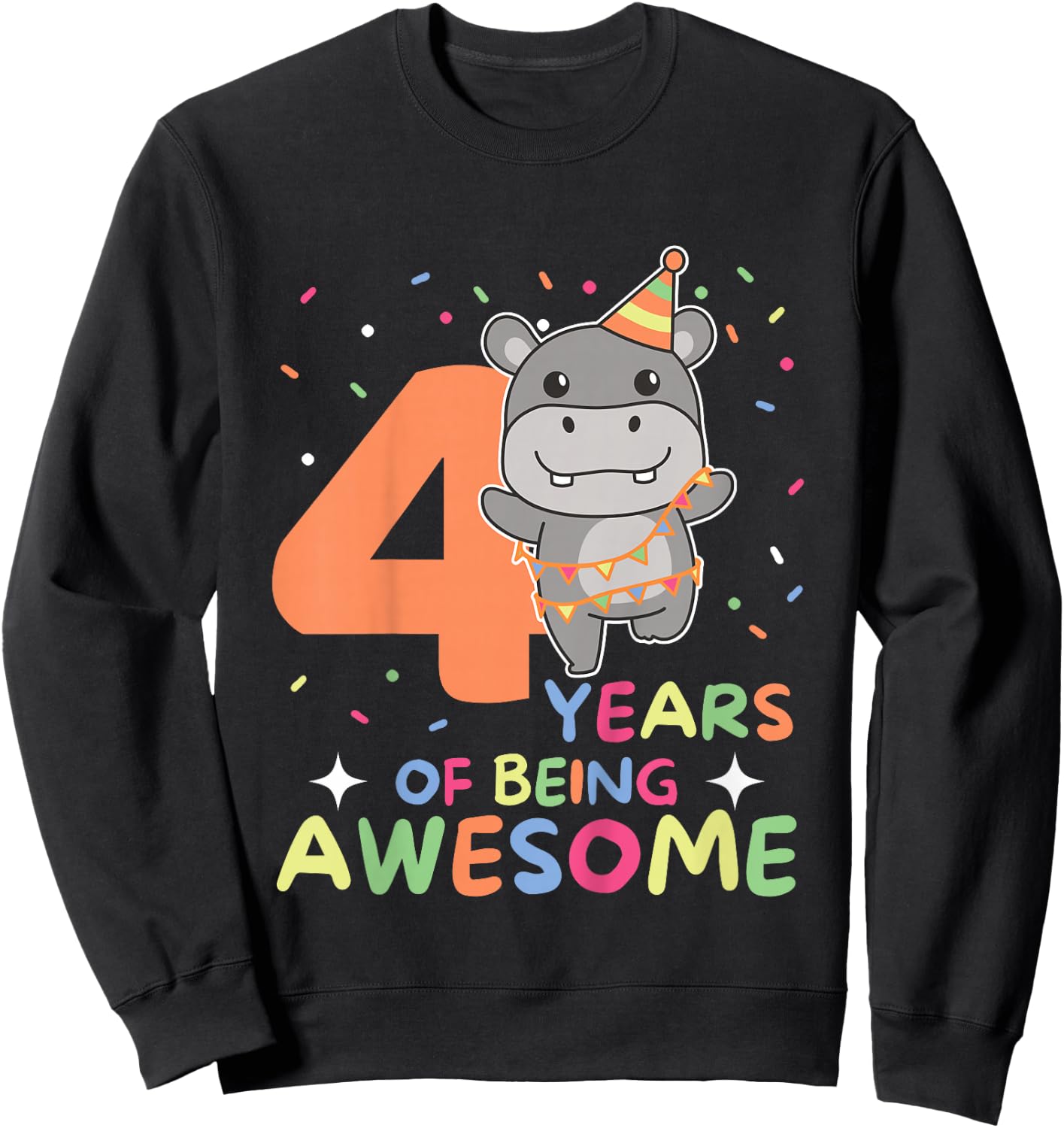Kids Hippo 4th Birthday For Kids Four Years Old Sweatshirt - Sweatshirt | Black