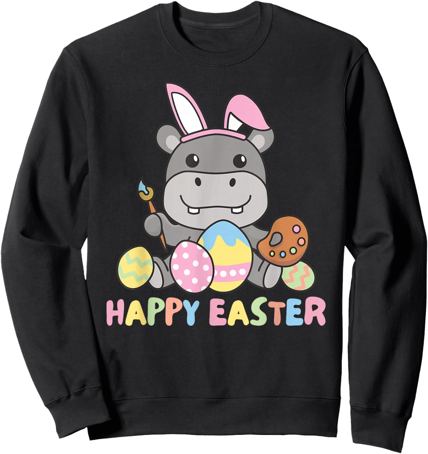 Happy Easter Cute Hippo For Easter With Easter Eggs Sweatshirt - Sweatshirt | Black