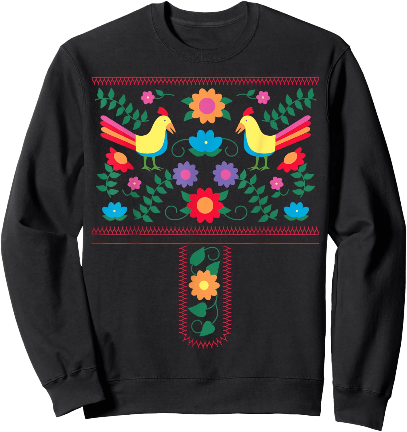 Bright Color Traditional Mexican Flowers and Birds Sweatshirt - Sweatshirt | Black