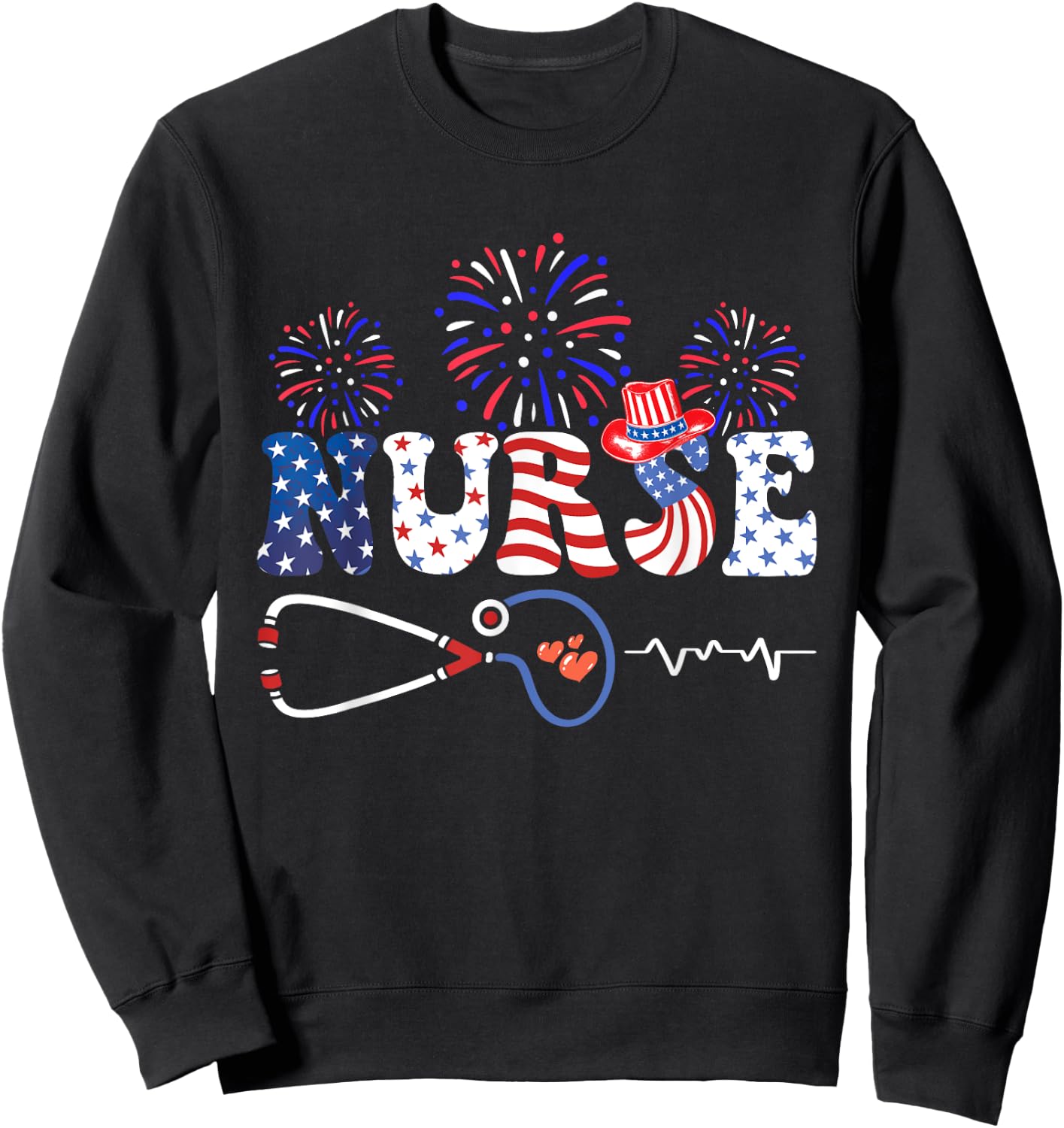 USA American Flag Patriotic Nurse Stethoscope 4th of July Sweatshirt - Sweatshirt | Black