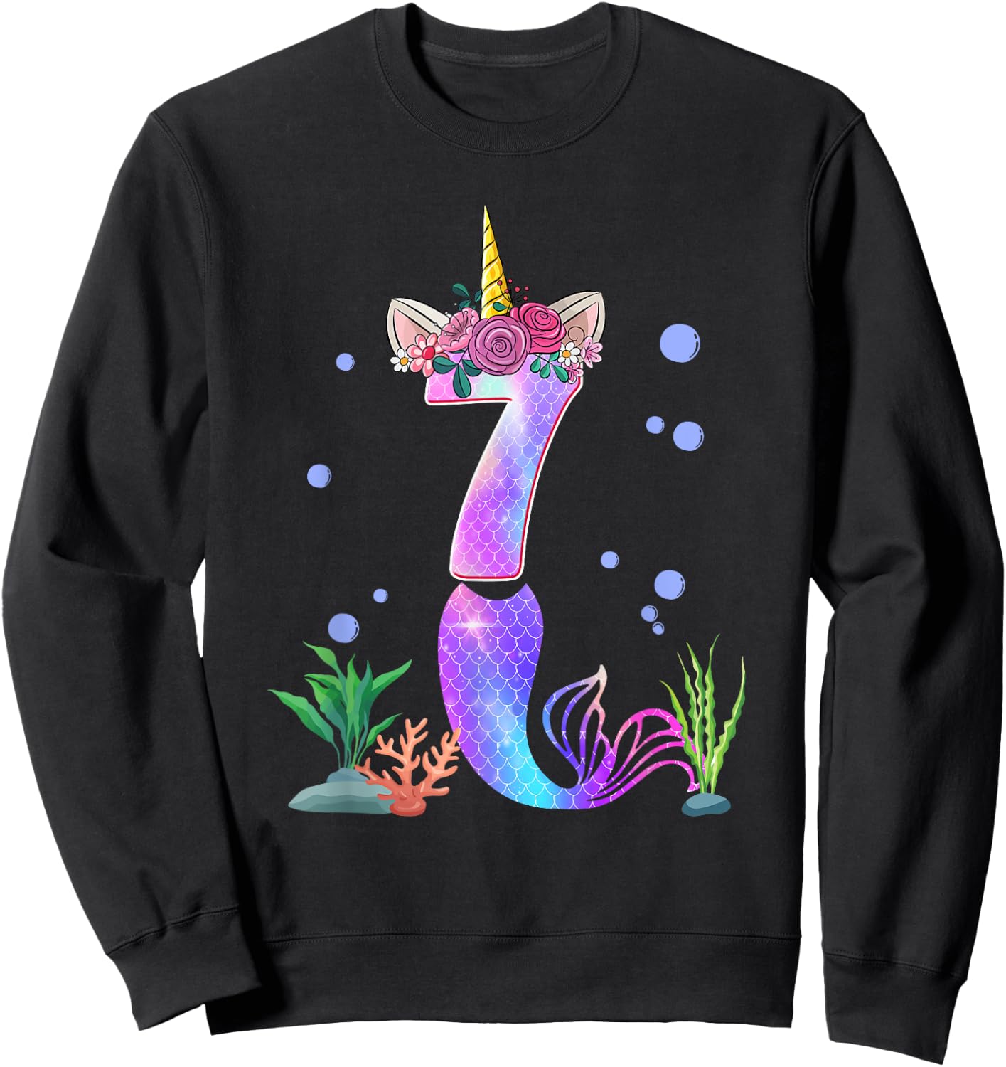7 Year Old Unicorn Mermaid 7th Birthday Theme Tail Girl Sweatshirt - Sweatshirt | Black