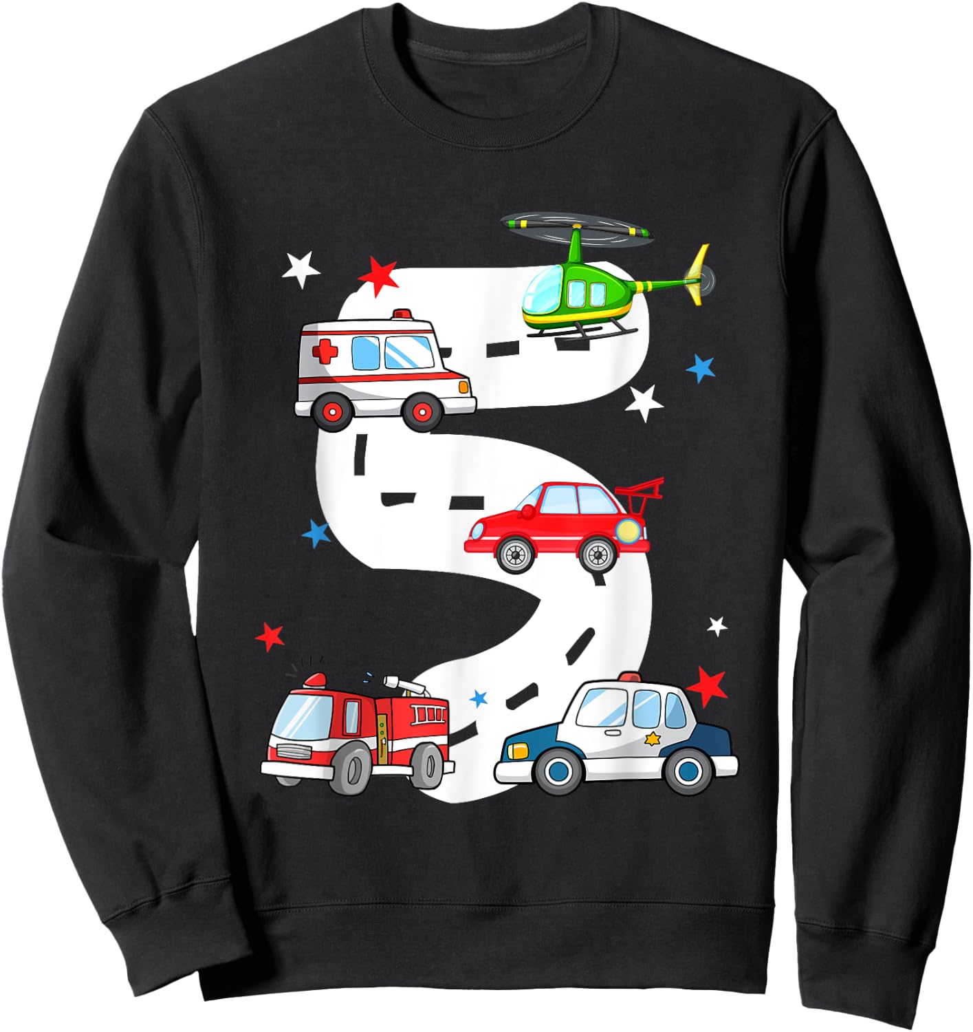 5th Birthday Emergency Vehicles 5 Year Old Birthday Kids Sweatshirt - Sweatshirt | Black