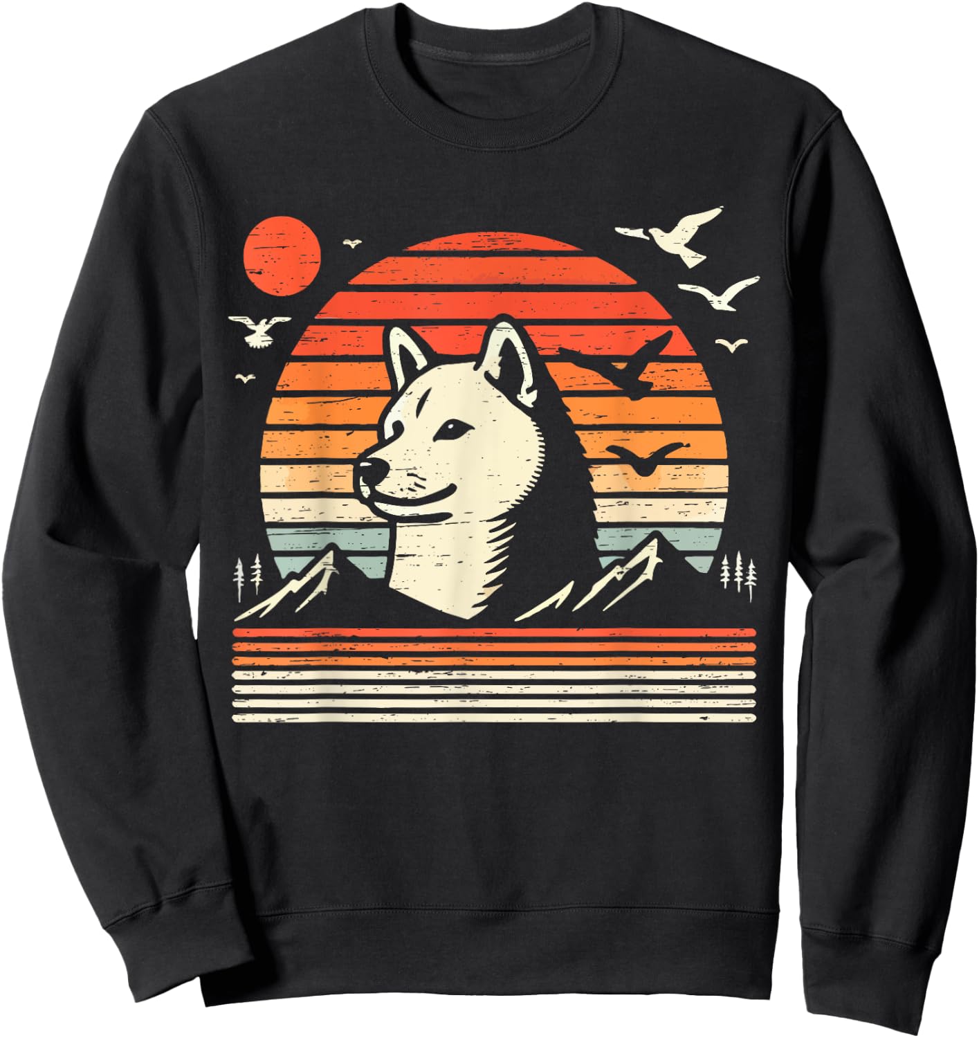Vintage Shiba Inu Sunset Mountains Birds Sweatshirt - Sweatshirt | Black