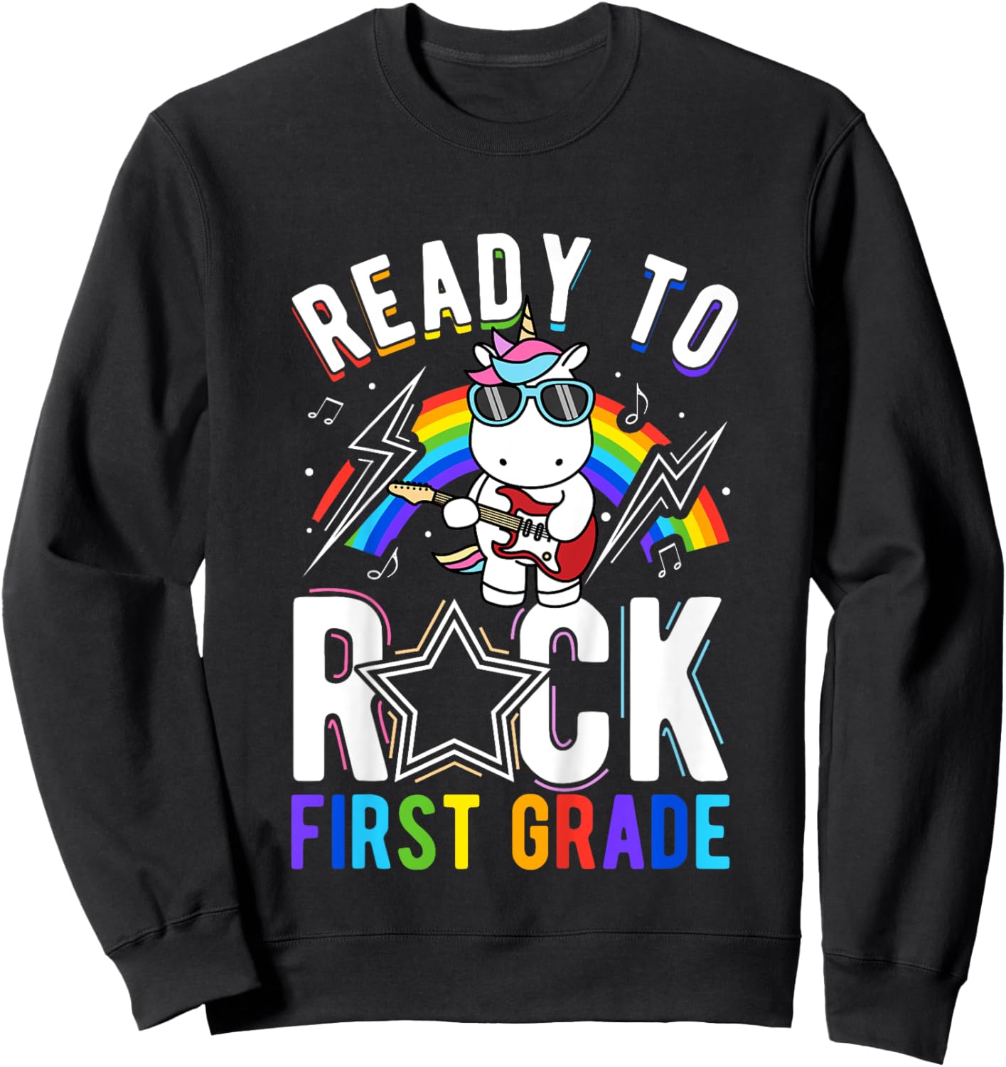 Kids READY TO Rock First Grade Rock Dinosaur School Learning Sweatshirt - Sweatshirt | Black