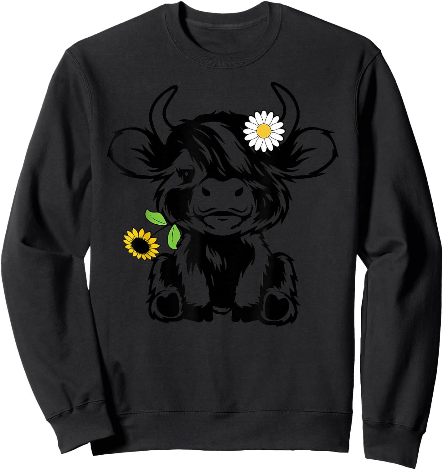 Cute Highland Cow Sunflower Sweatshirt - Sweatshirt | Black