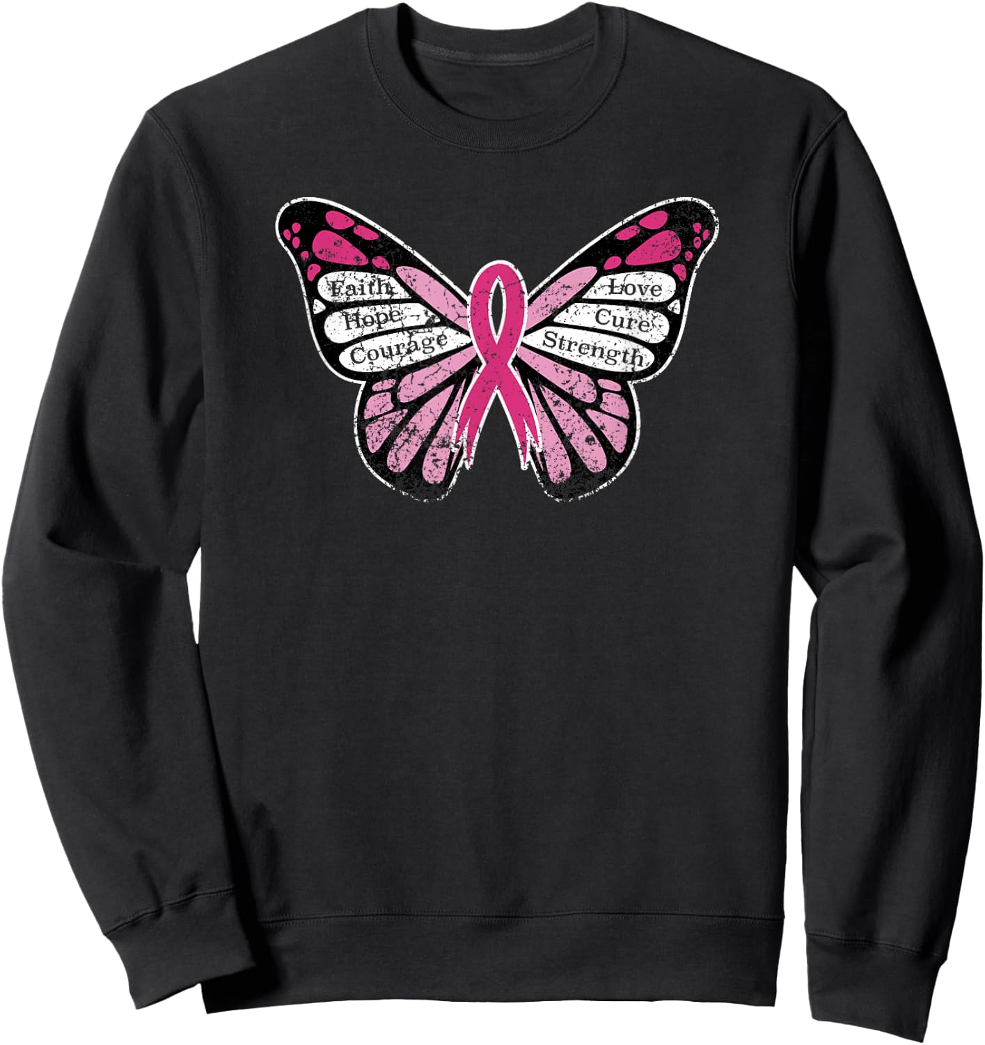Vintage Breast Cancer Awareness Pink Ribbon Butterfly Sweatshirt - Sweatshirt | Black