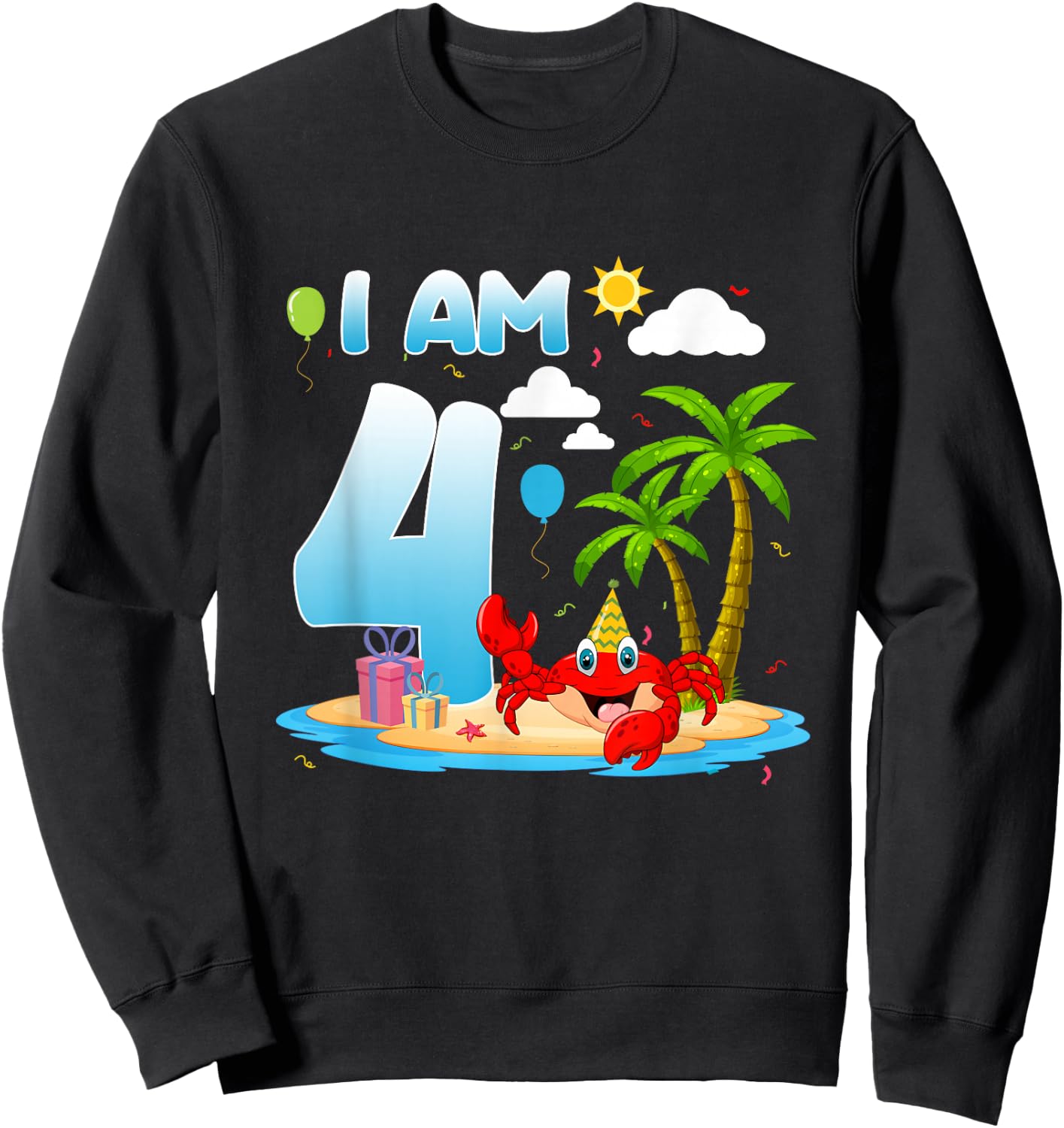 4th Birthday Crab Summer Beach 4 Year Old Bday Party Kids Sweatshirt - Sweatshirt | Black