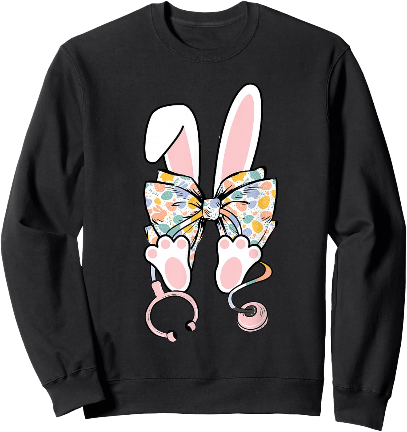 Easter Day Nurse Bunny Coquette Bow Stethoscope Scrub Top Sweatshirt - Sweatshirt | Black
