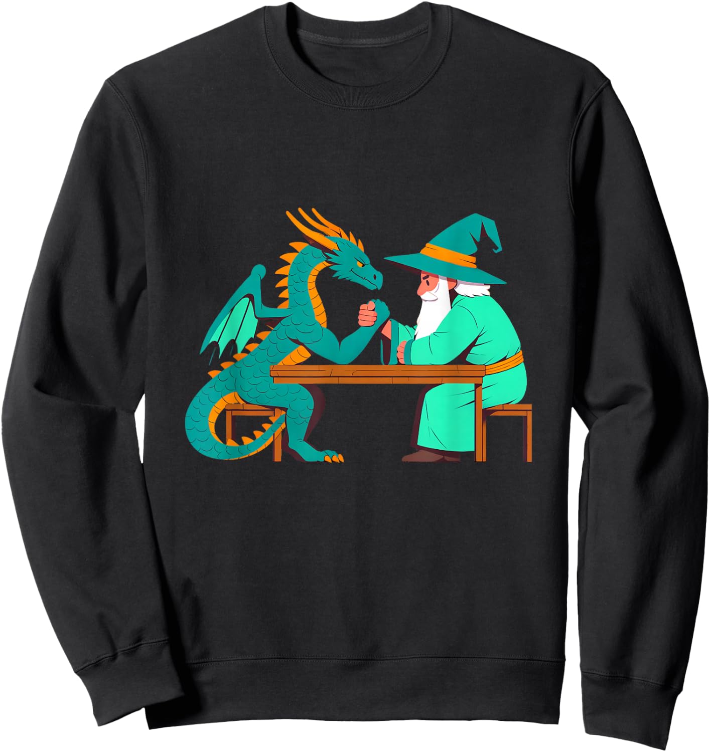 Vintage Funny Dragon And Wizard Fantasy Arm Wrestling Myth Sweatshirt - Sweatshirt | Black