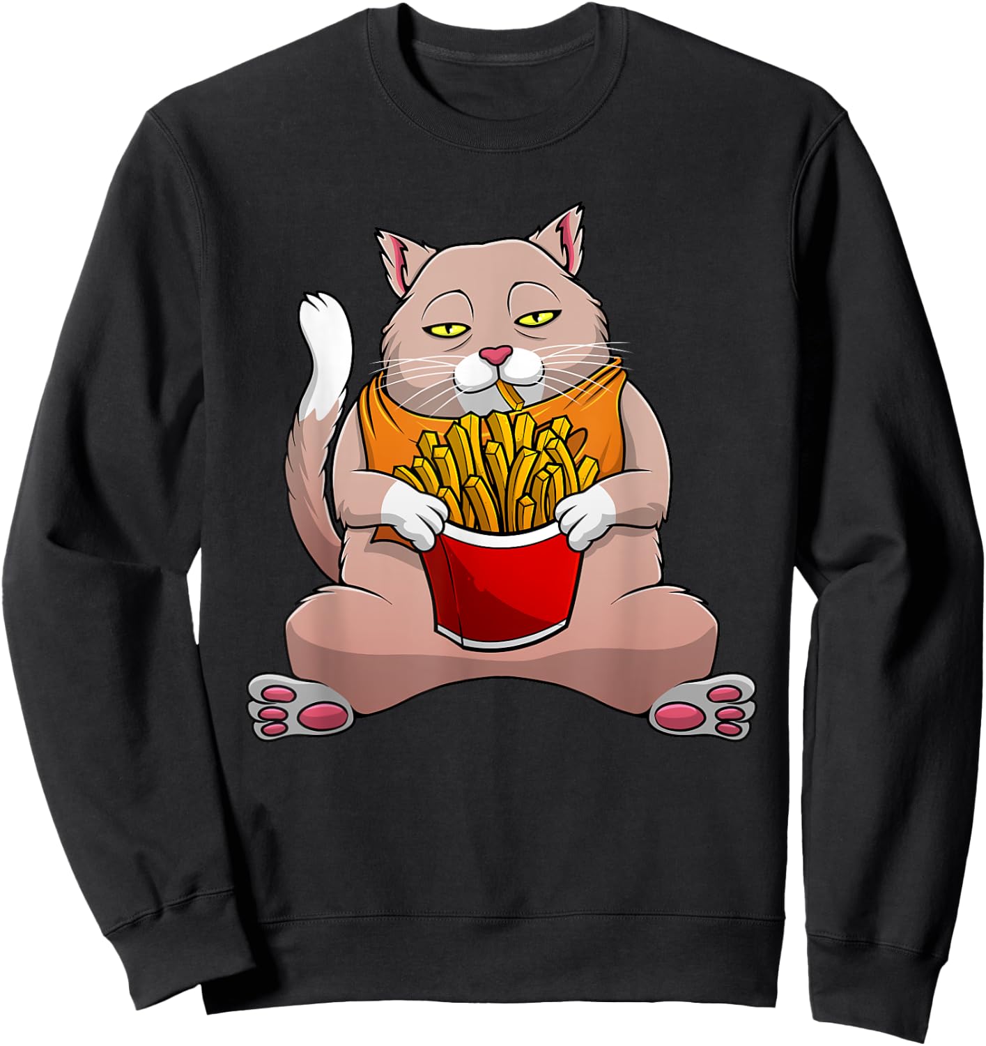 Funny French Fries Design Women Cat Foodie Eater Sweatshirt - Sweatshirt | Black
