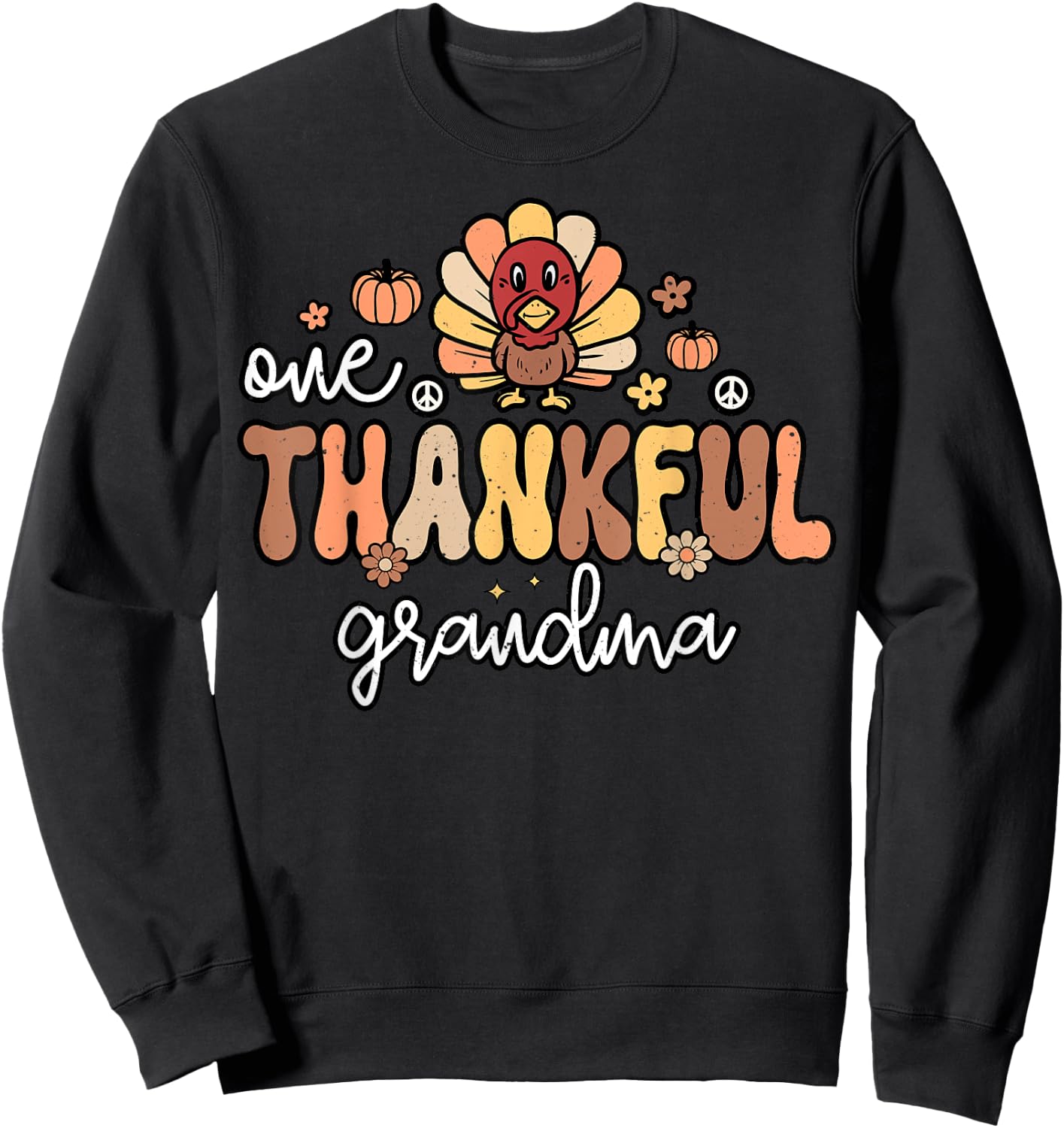 One Thankful Grandma Women Groovy Retro Thanksgiving Grandma Sweatshirt - Sweatshirt | Black
