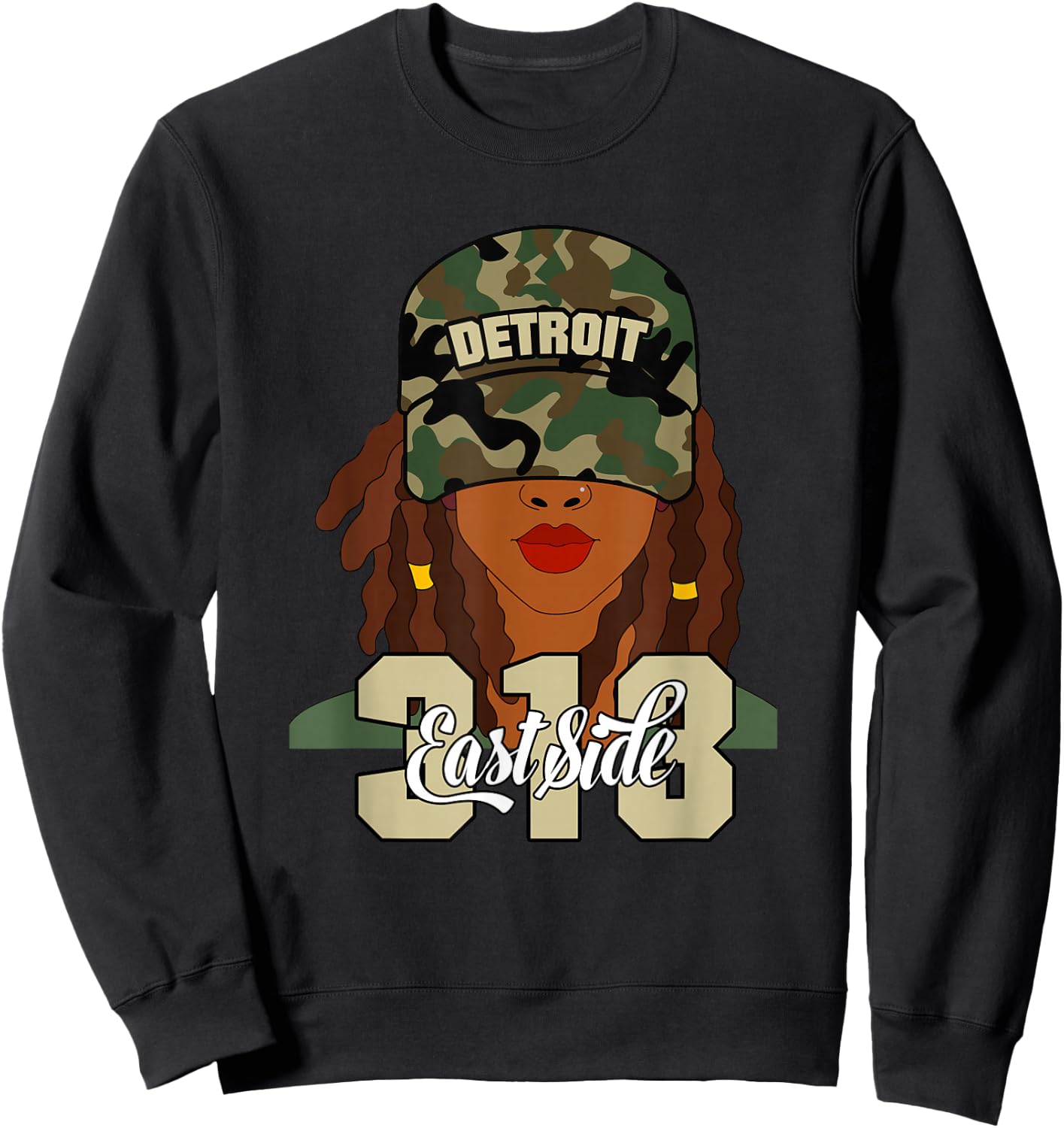 Detroit 313 East Side Hood Black Woman Camo Locs Sweatshirt - Sweatshirt | Black