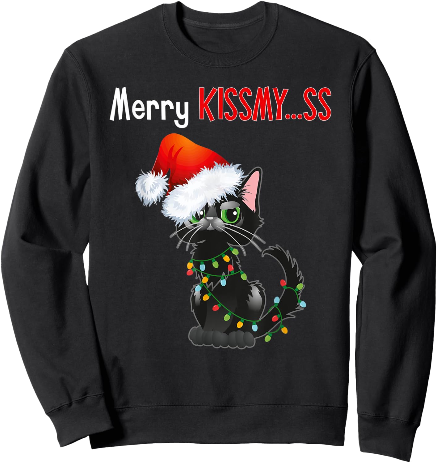Merry Kissmy..ss Black Cat Christmas Lights Cat In Santa Hat Sweatshirt - Sweatshirt | Black