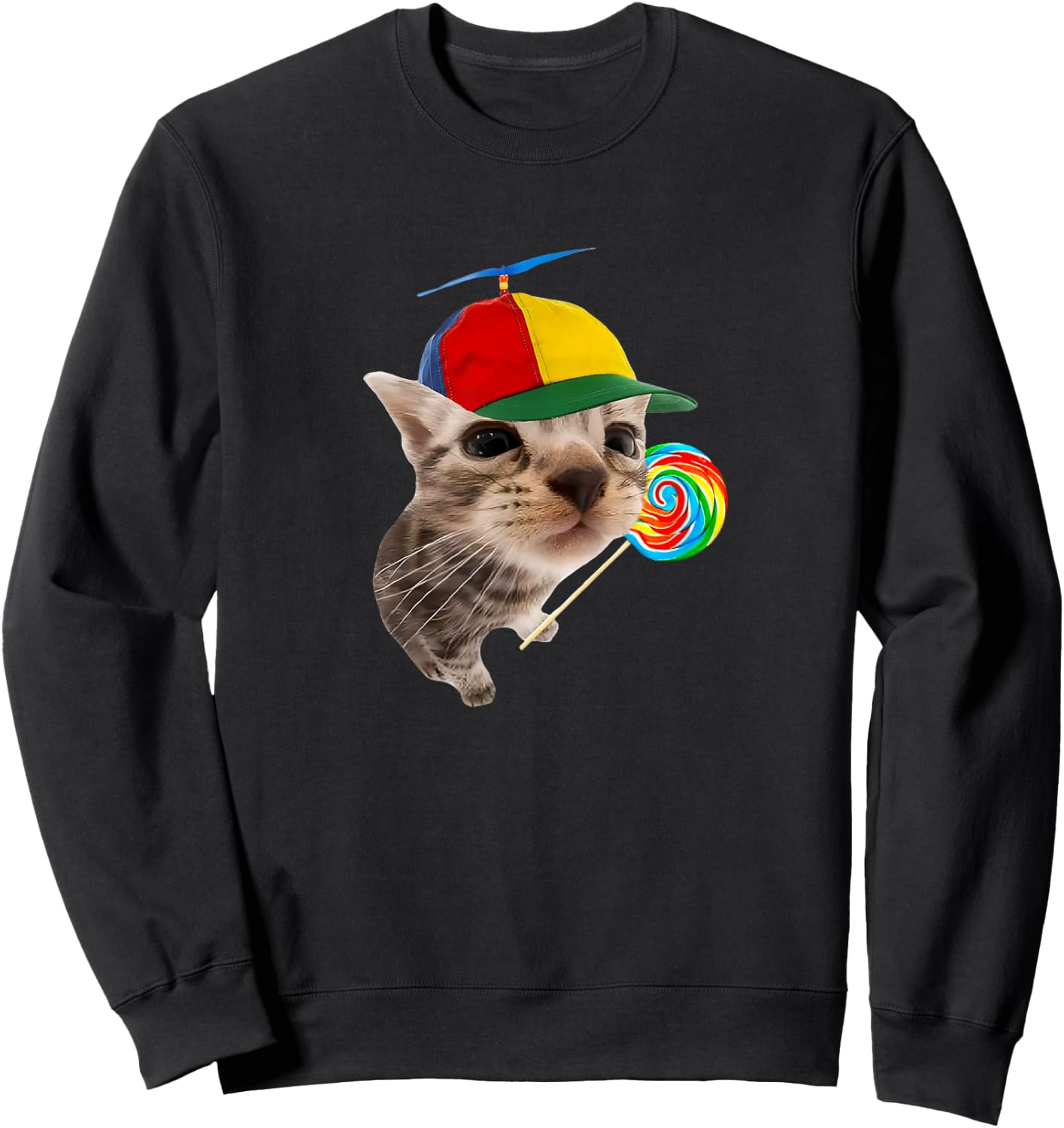 Silly Cat with Lollipop Meme , Black, S Sweatshirt - Sweatshirt | Black