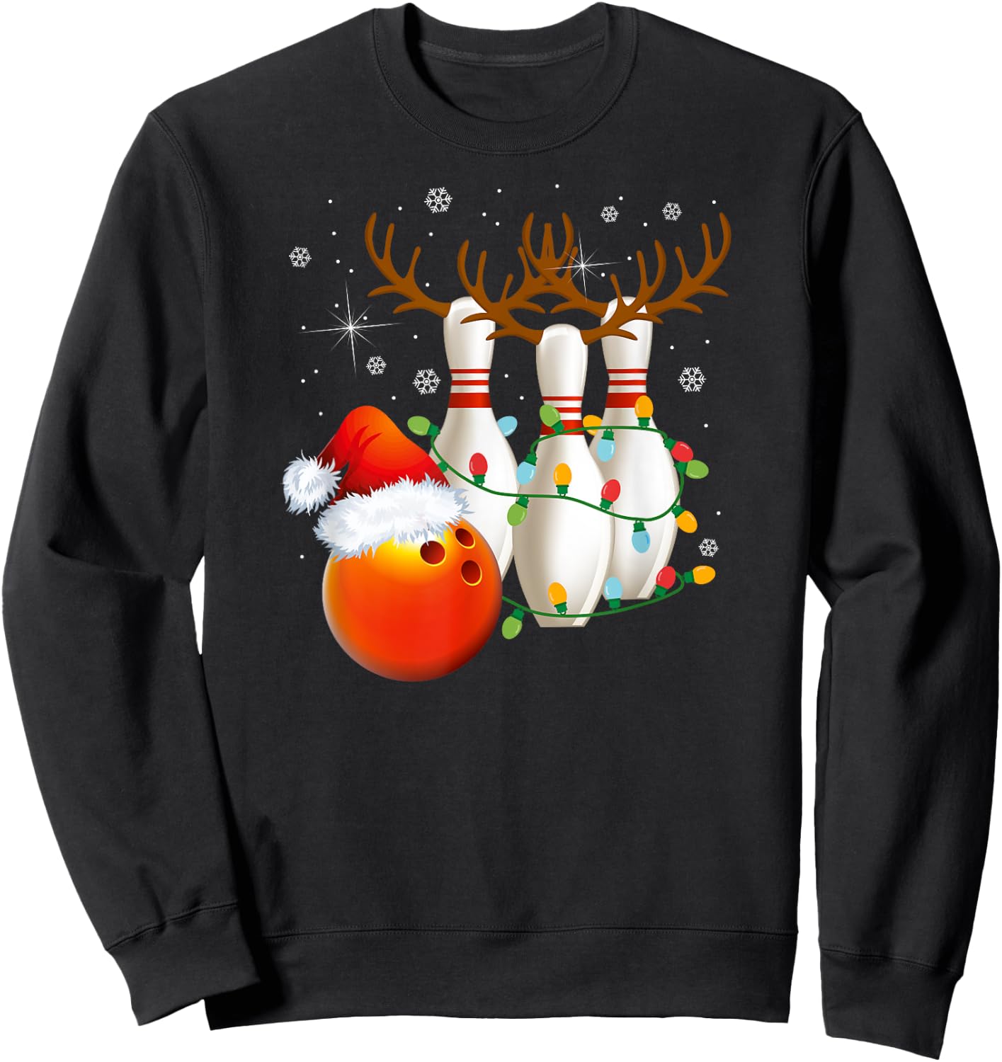 Bowling Gifts Christmas Bowling Santa Hat Christmas Lights Sweatshirt - Sweatshirt | Black