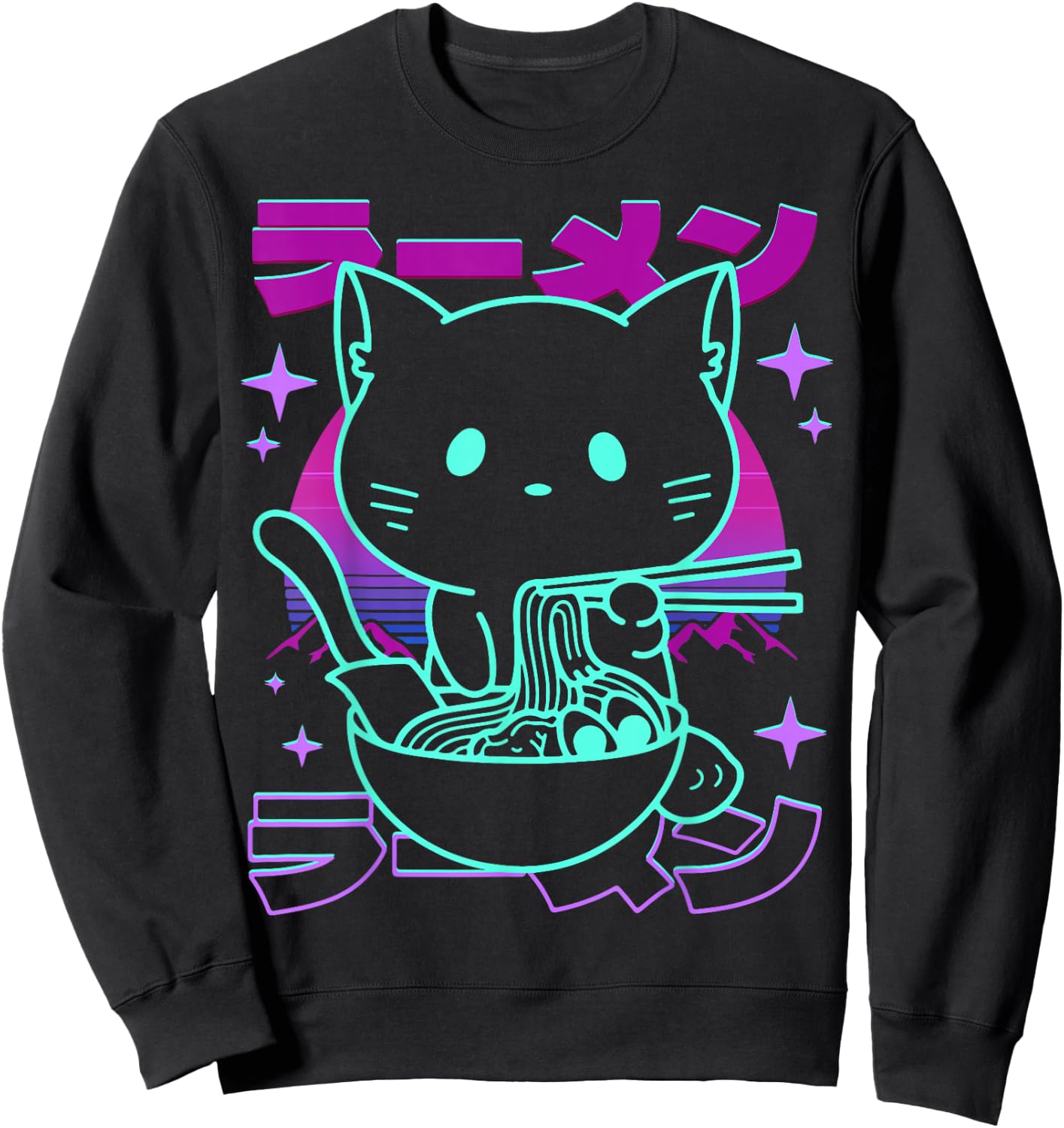 Anime Ramen Cat Retro Japanese Noodles Aesthetic Kawaii Cat , black Sweatshirt - Sweatshirt | Black