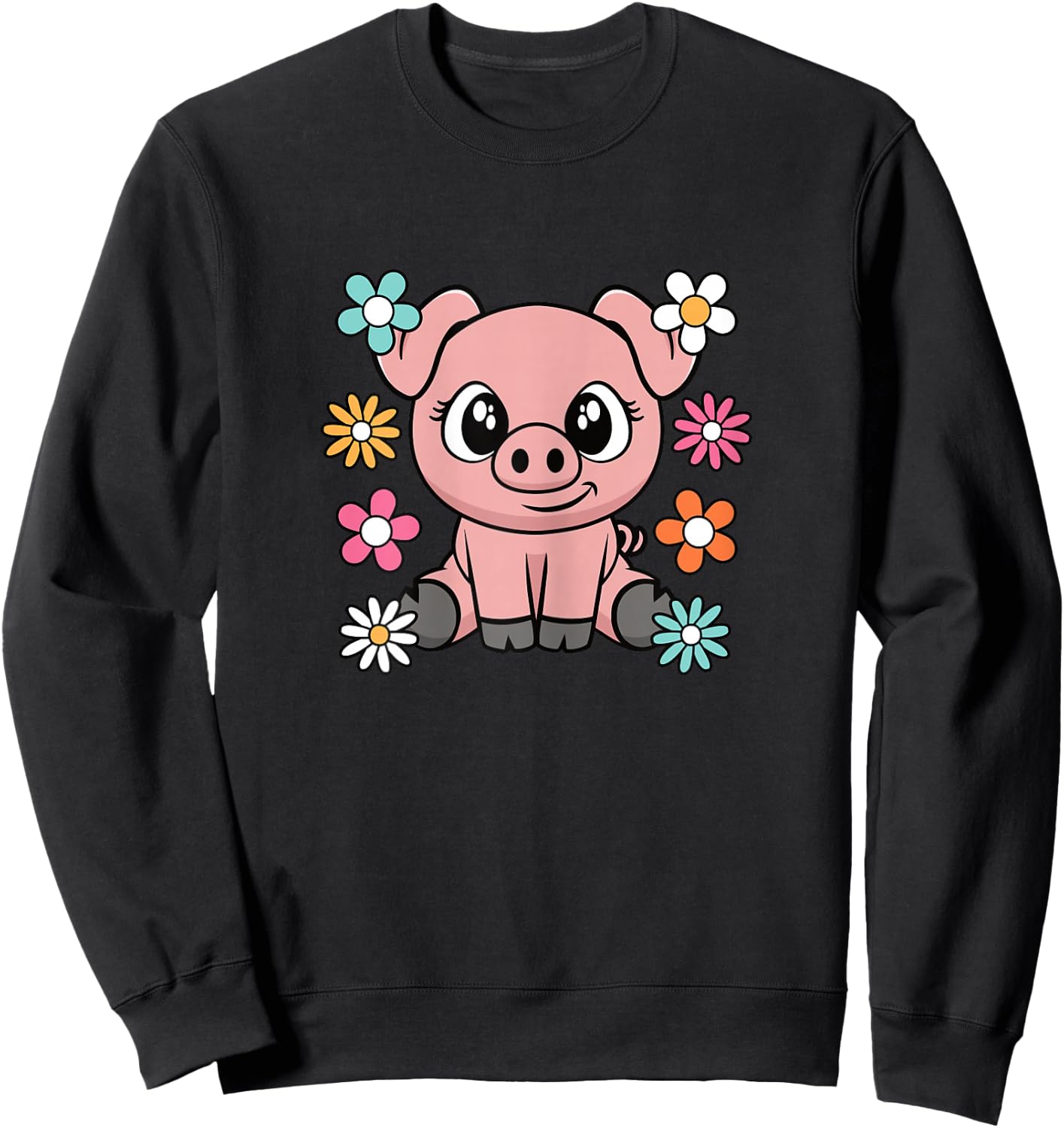 Cute Pig Lover Groovy Piglet Flower Women Girls Kids Sweatshirt - Sweatshirt | Black