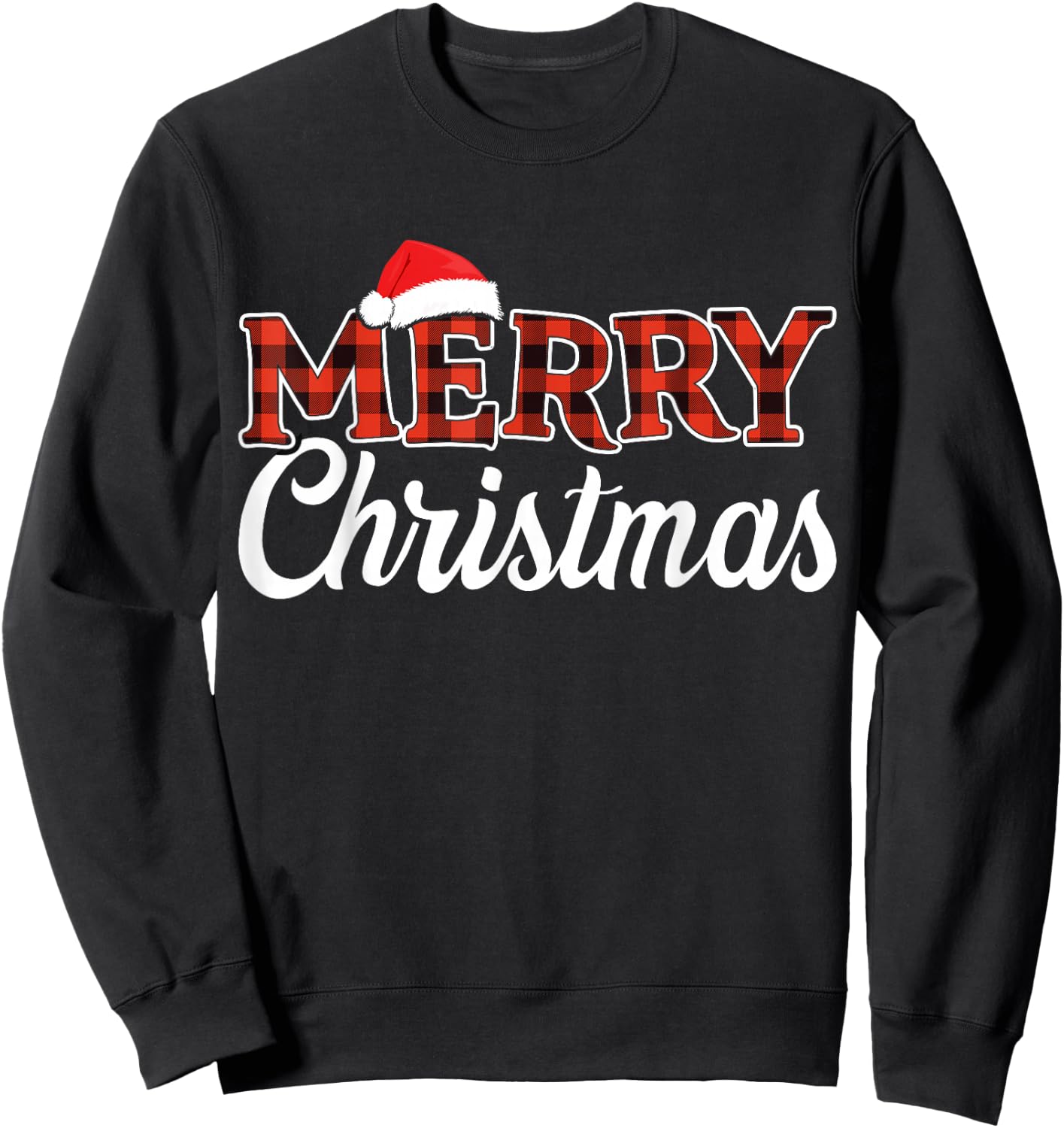 Merry christmas santa hat for holiday family buffalo plaid Sweatshirt - Sweatshirt | Black