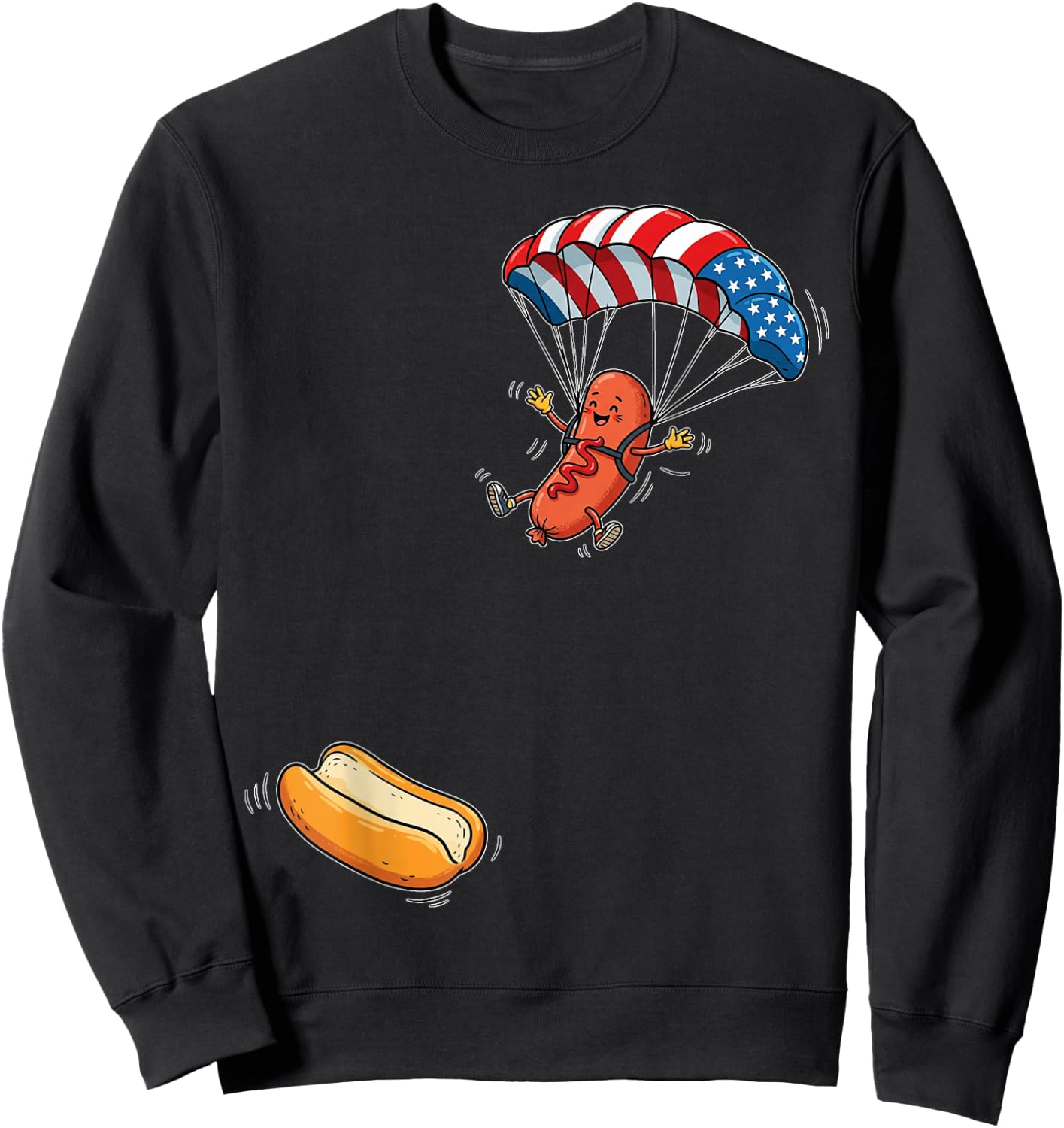 Funny Hot Dog Jumping Into Bun Sausage BBQ Skydiving USA Sweatshirt - Sweatshirt | Black
