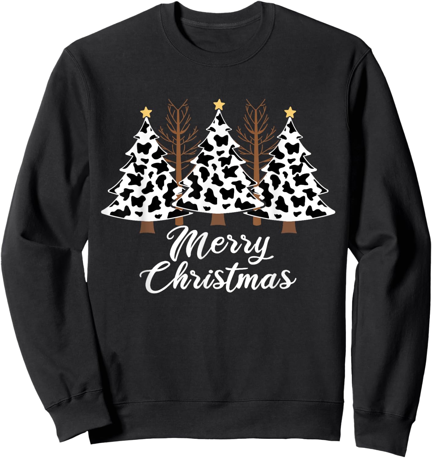 Merry Christmas Tree Cow Print Xmas Sweatshirt - Sweatshirt | Black