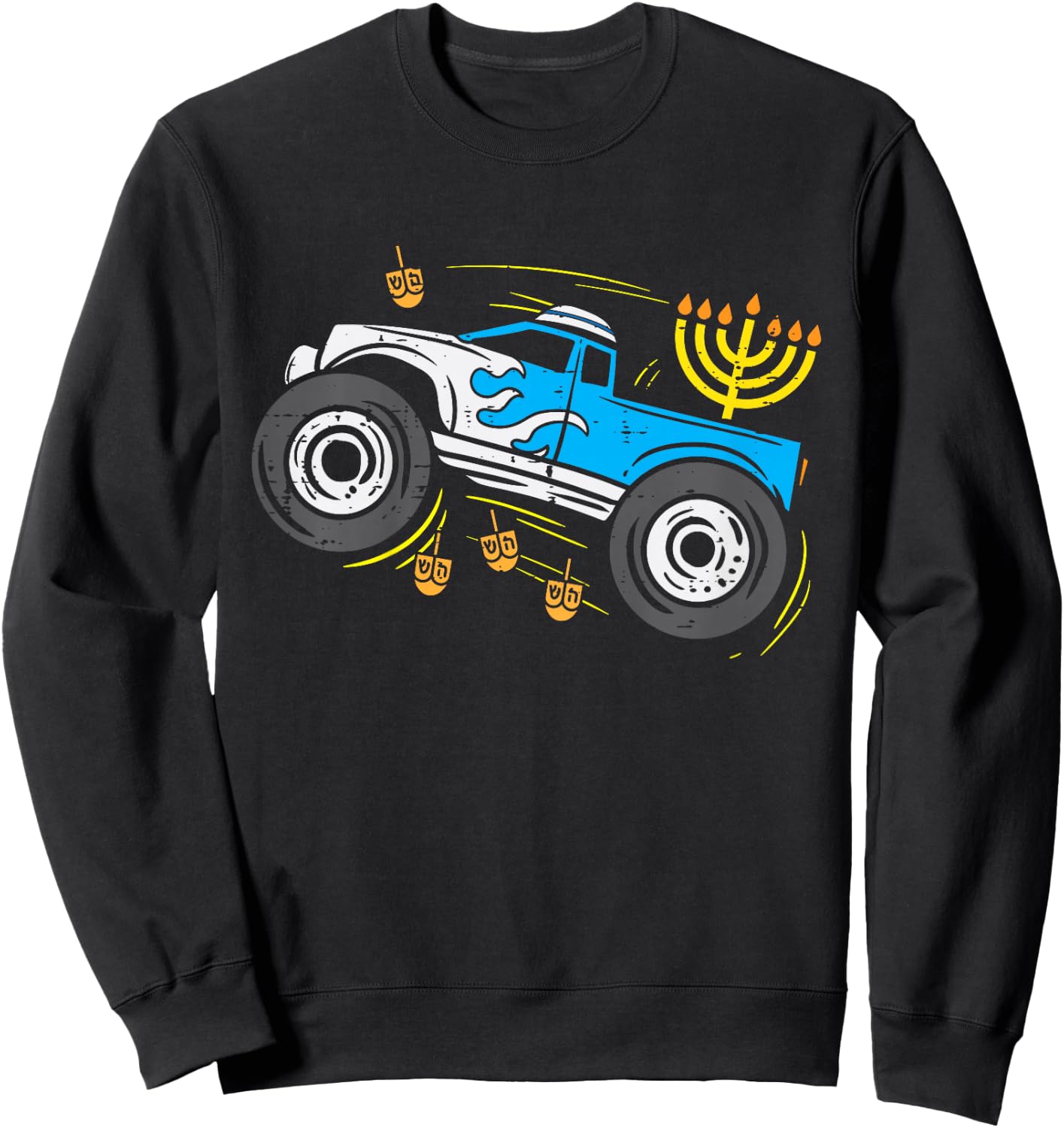 Kids Monster Truck Menorah Dreidel Toddler Boys Hanukkah Kids Sweatshirt - Sweatshirt | Black