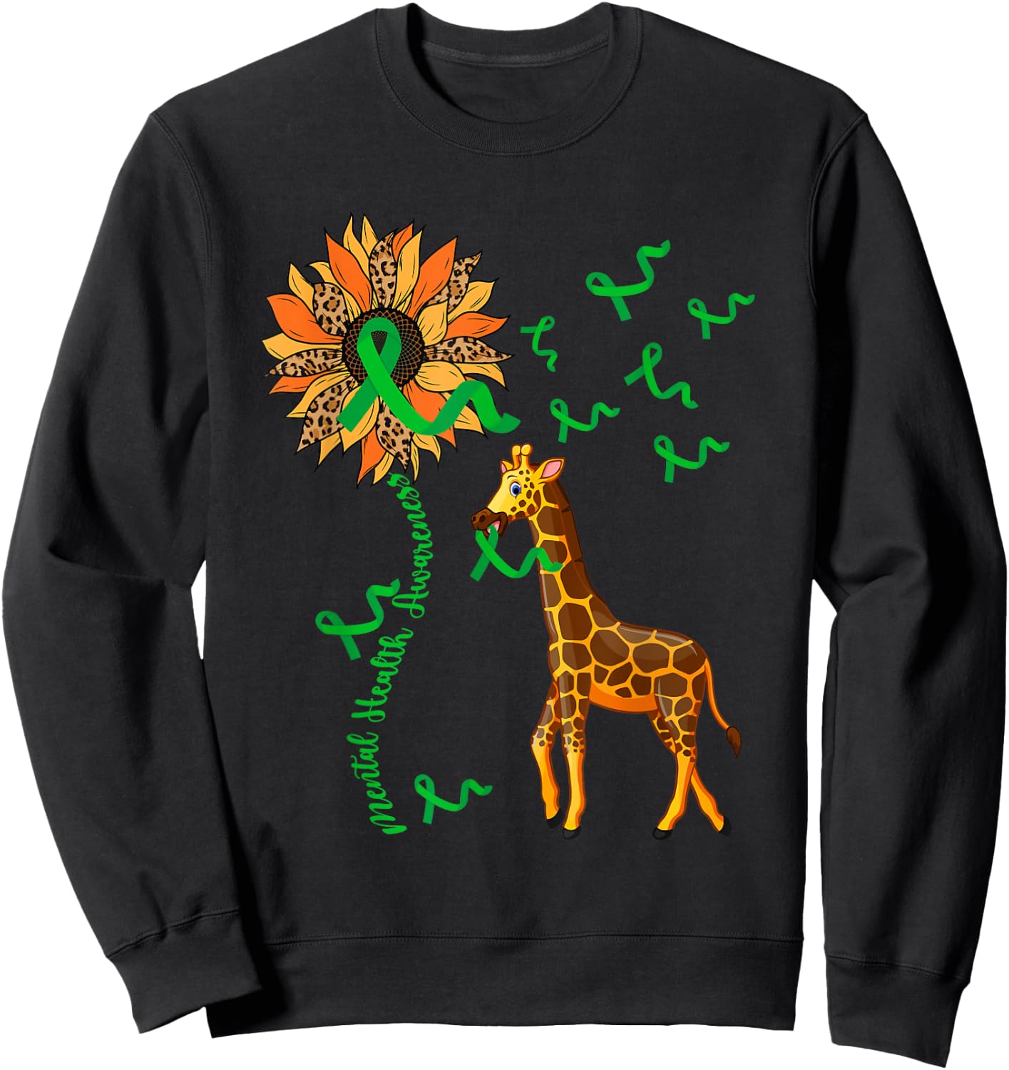 Mental Health Awareness Giraffe Holding Green Ribbons Lover Sweatshirt - Sweatshirt | Black