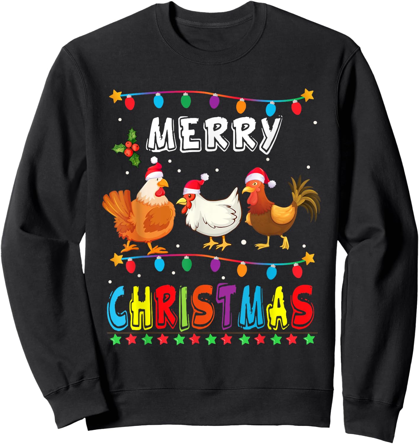 Merry Christmas Chicken Shirt Santa Hat Lights Xmas Funny Sweatshirt - Sweatshirt | Black