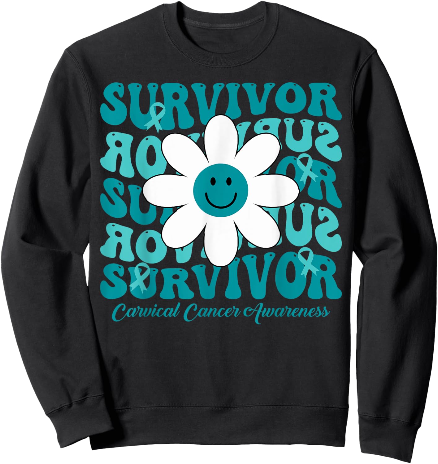 Groovy Flower Survivor Cervical Cancer Awareness Sweatshirt - Sweatshirt | Black