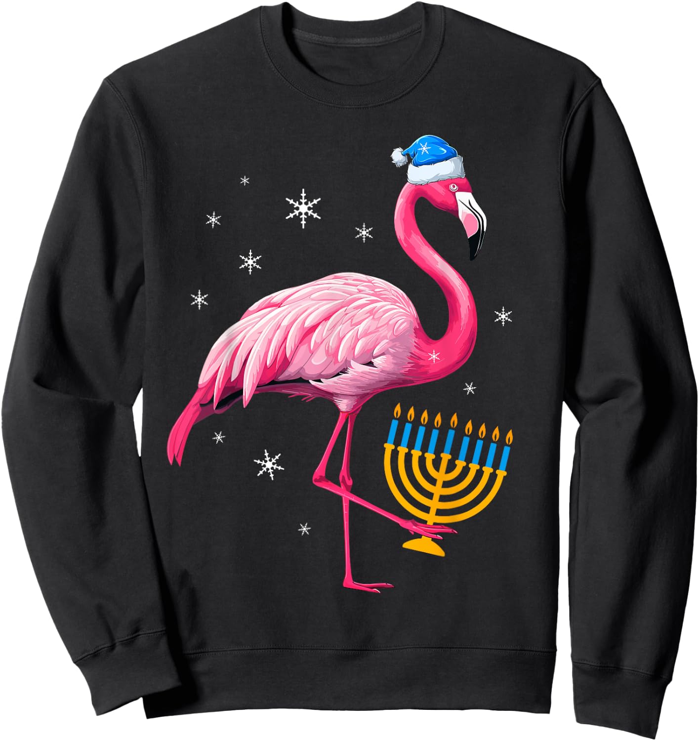 Jewish Santa Pink Flamingo Menorah Hanukkah Merry Christmas Sweatshirt - Sweatshirt | Black