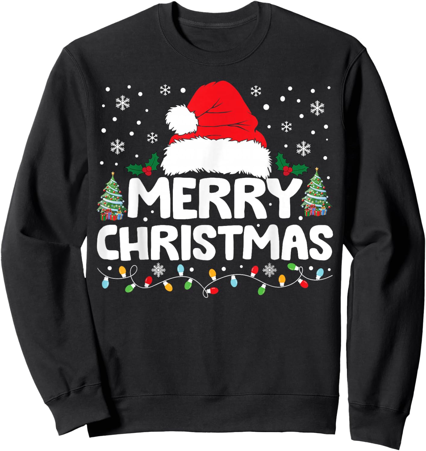 Merry Christmas Lights Red Santa Hat Xmas Family Men Women Sweatshirt - Sweatshirt | Black