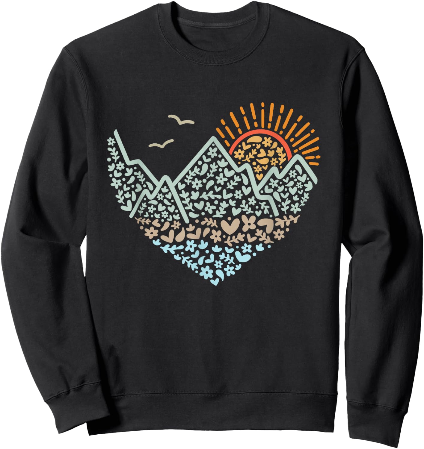 Mountain Heart Floral Sunshine hiking scene design Sweatshirt - Sweatshirt | Black