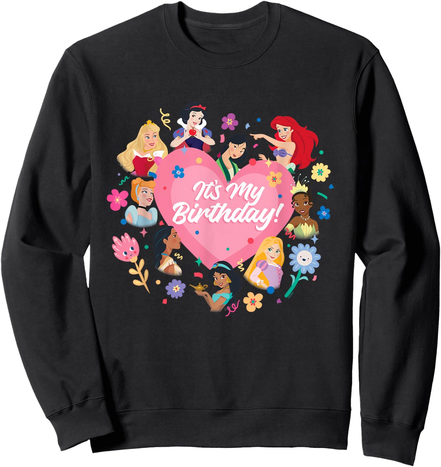Disney Princess Pink Heart and Flowers It's My Birthday , Black, S Sweatshirt - Sweatshirt | Black