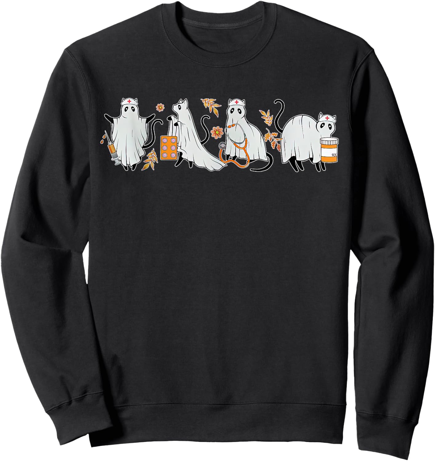 Ghost Cat Nurse ICU RN Pharmacy Tech Fall Halloween Costume Sweatshirt - Sweatshirt | Black