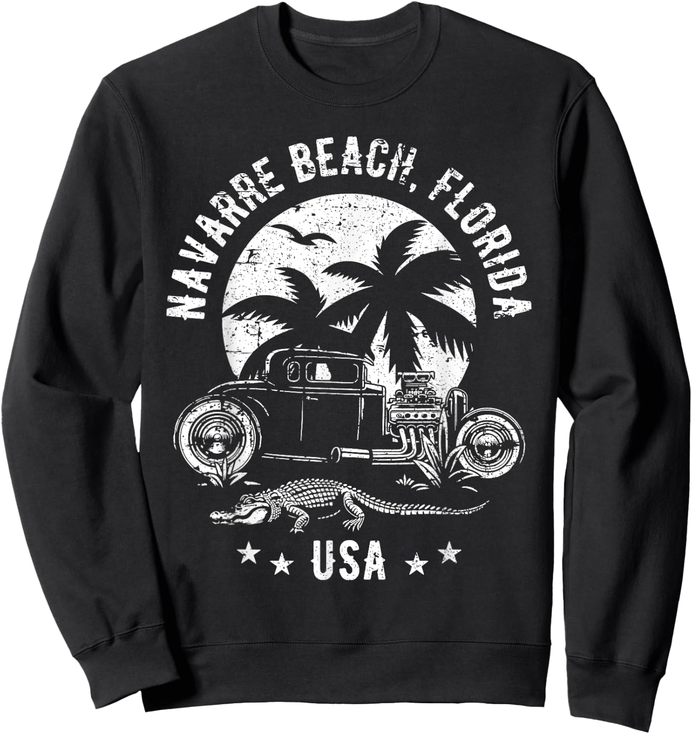 Navarre Beach Florida Sunset Hotrod Distressed Design Sweatshirt - Sweatshirt | Black