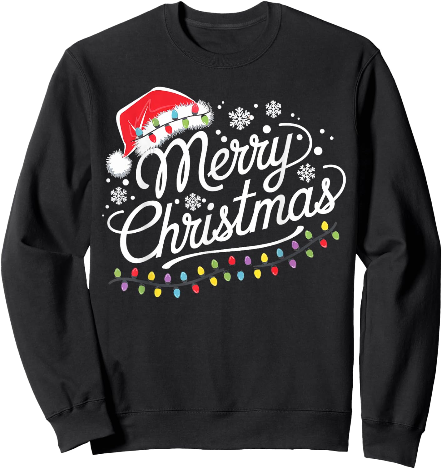 Merry Christmas Lights Red Santa Hat Xmas Family Men Women Sweatshirt - Sweatshirt | Black