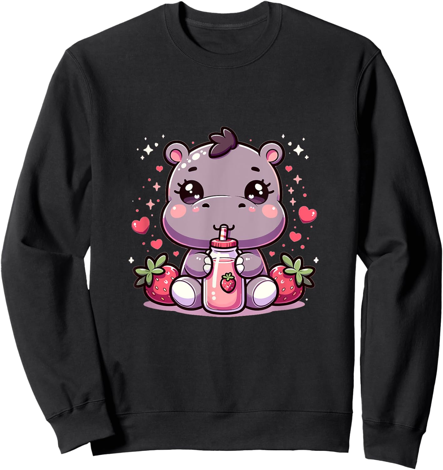 Cute Japanese Kawaii Style Hippo Drinking Strawberry Milk Sweatshirt - Sweatshirt | Black