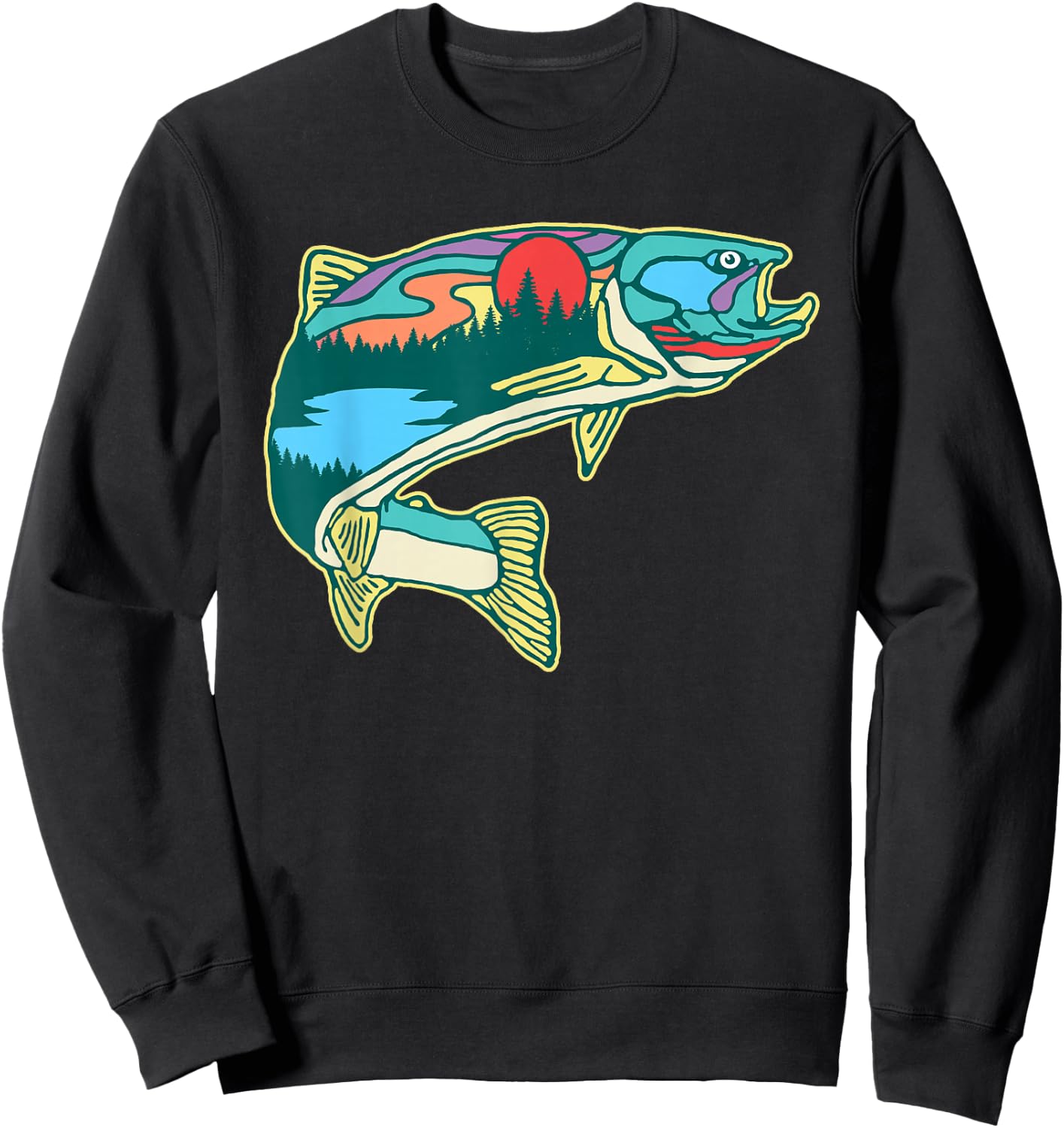 Nature Trout Illustration Vintage Fly Fishing Retro Graphic Sweatshirt - Sweatshirt | Black