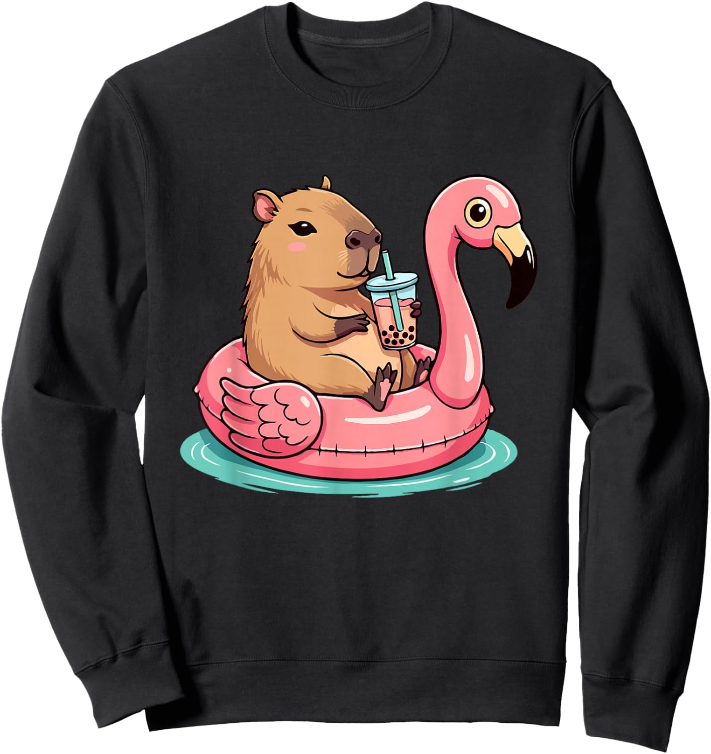Cute Capybara On Flamingo Pool Float Drinking Bubble Tea Sweatshirt - Sweatshirt | Black