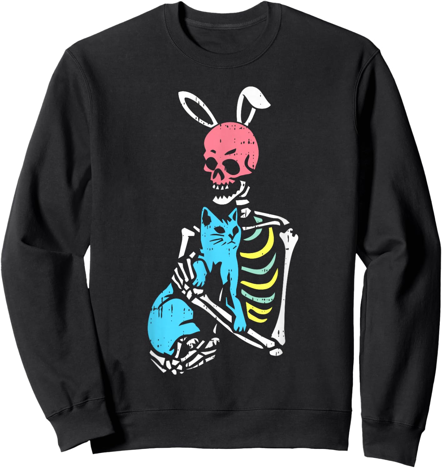 Skeleton Hug Cat Easter Bunny Ears Spring Men Women Kids Sweatshirt - Sweatshirt | Black