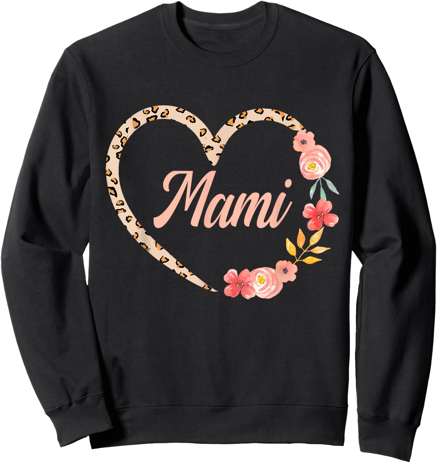 Mami Valentine’s Day Spanish Mom Leopard Floral Heart Sweatshirt - Sweatshirt | Black