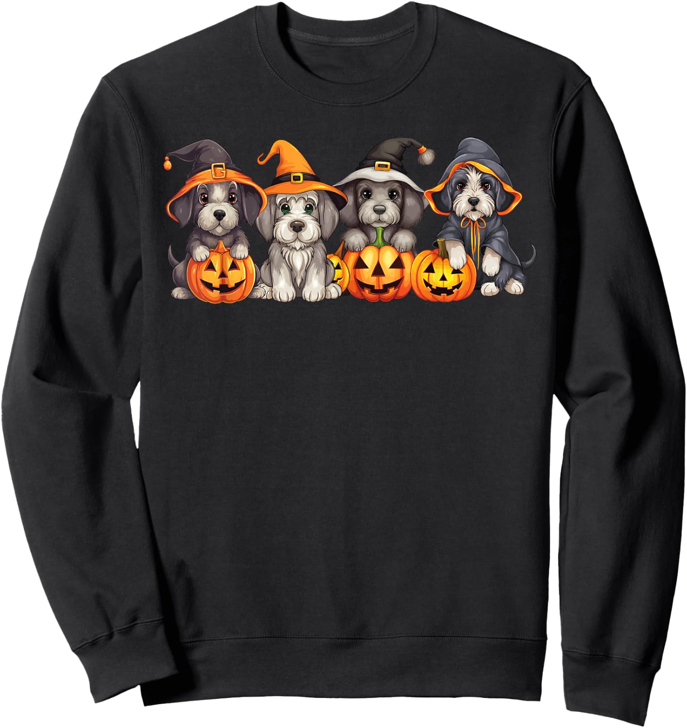 Cute Spooky Schnauzer Dog Puppies Witch Pumpkin Halloween Sweatshirt - Sweatshirt | Black