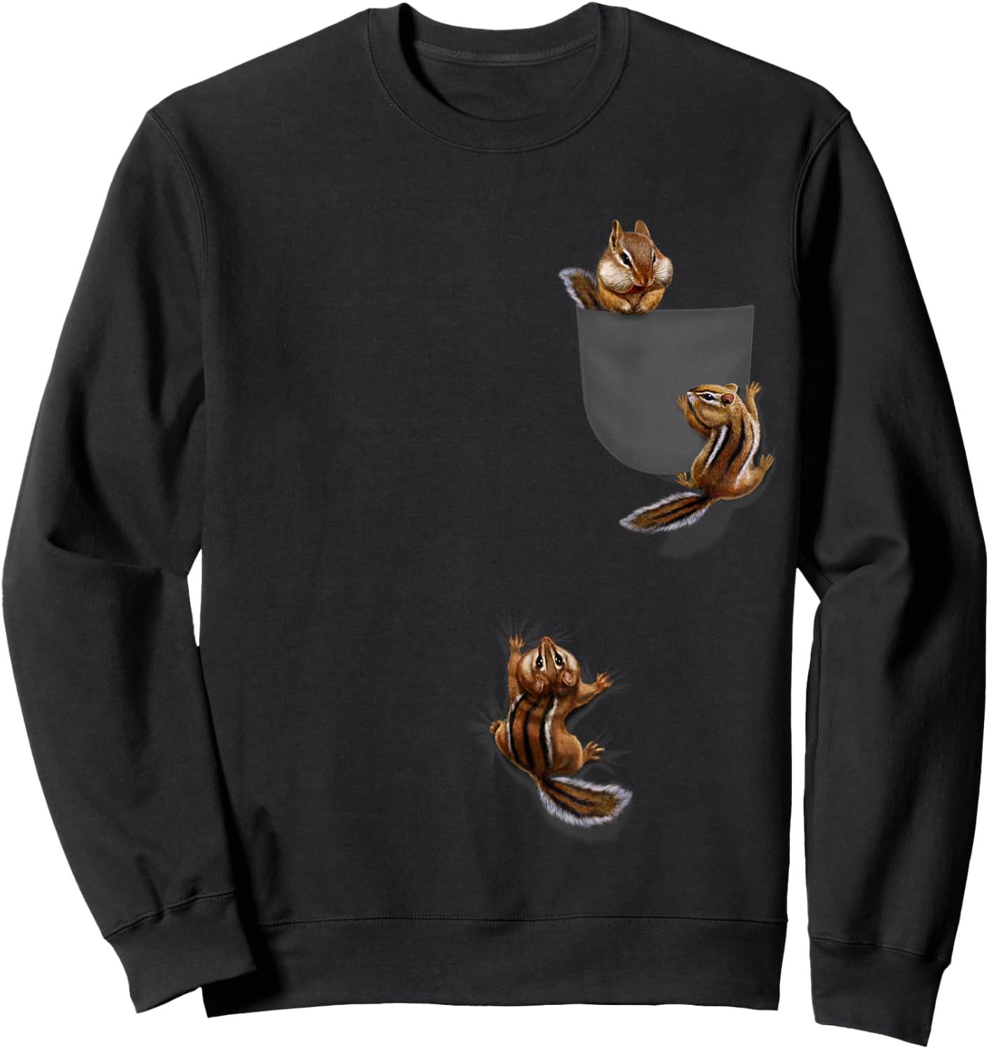 Cute Little Squirrel Playing, Climbing in Pocket, Chipmunk Sweatshirt - Sweatshirt | Black