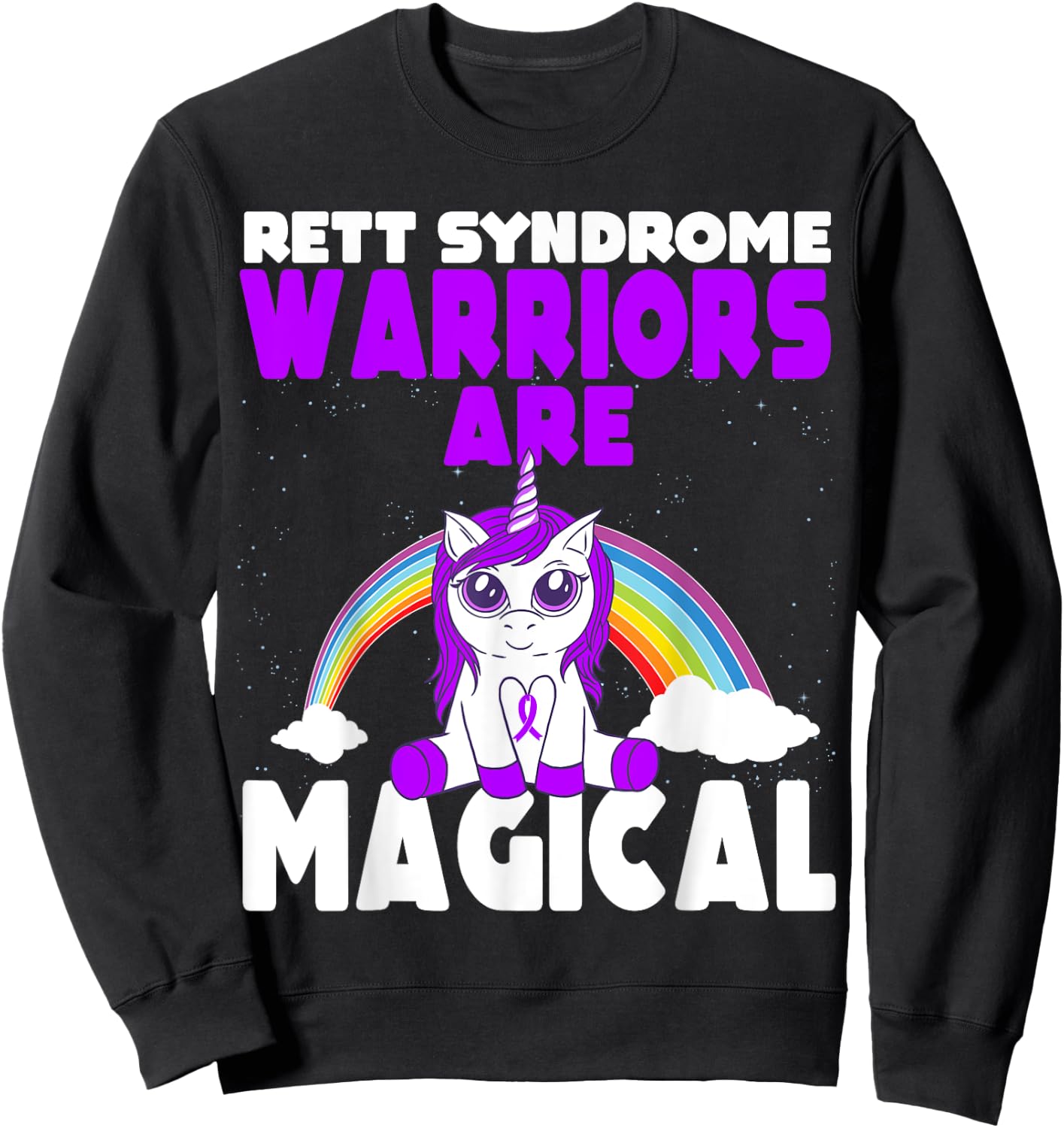 Rett Syndrome Awareness Purple Ribbon Cute Magical Unicorn Sweatshirt - Sweatshirt | Black