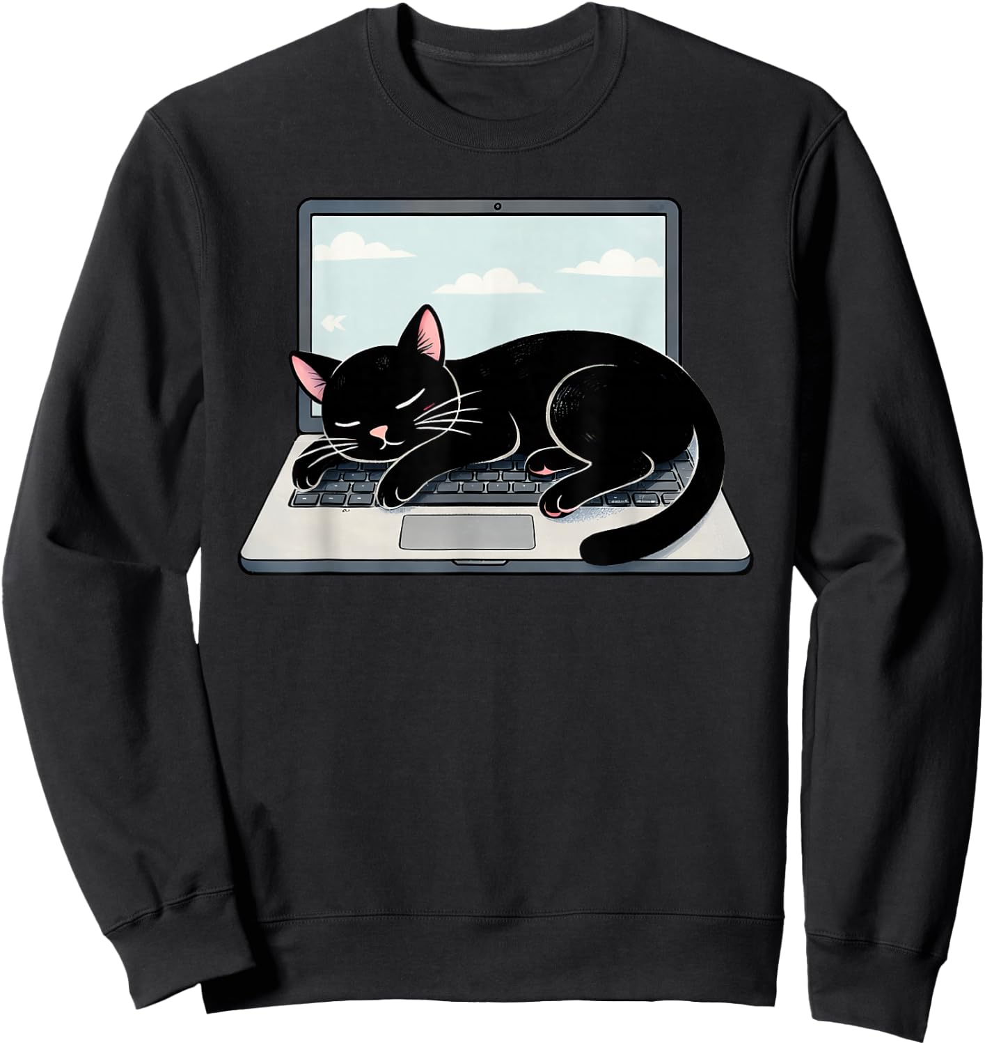 Funny Black Cat Sleeping On Laptop Computer Sweatshirt - Sweatshirt | Black