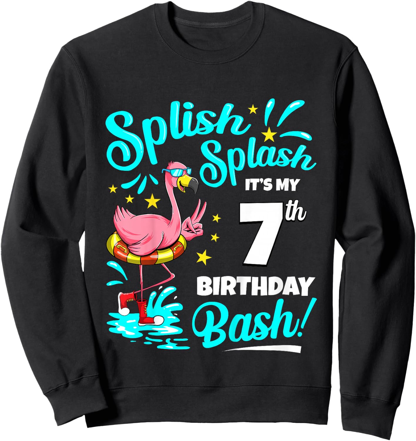 7th Birthday Flamingo 7 Years Old Pool Party Summer Sweatshirt - Sweatshirt | Black
