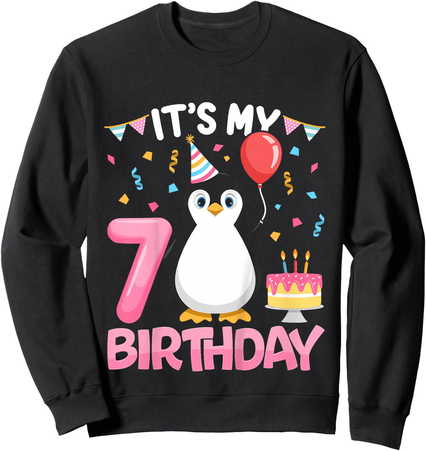 Penguin Birthday 7 Year Old Girl 7th Birthday Party Seven Sweatshirt - Sweatshirt | Black