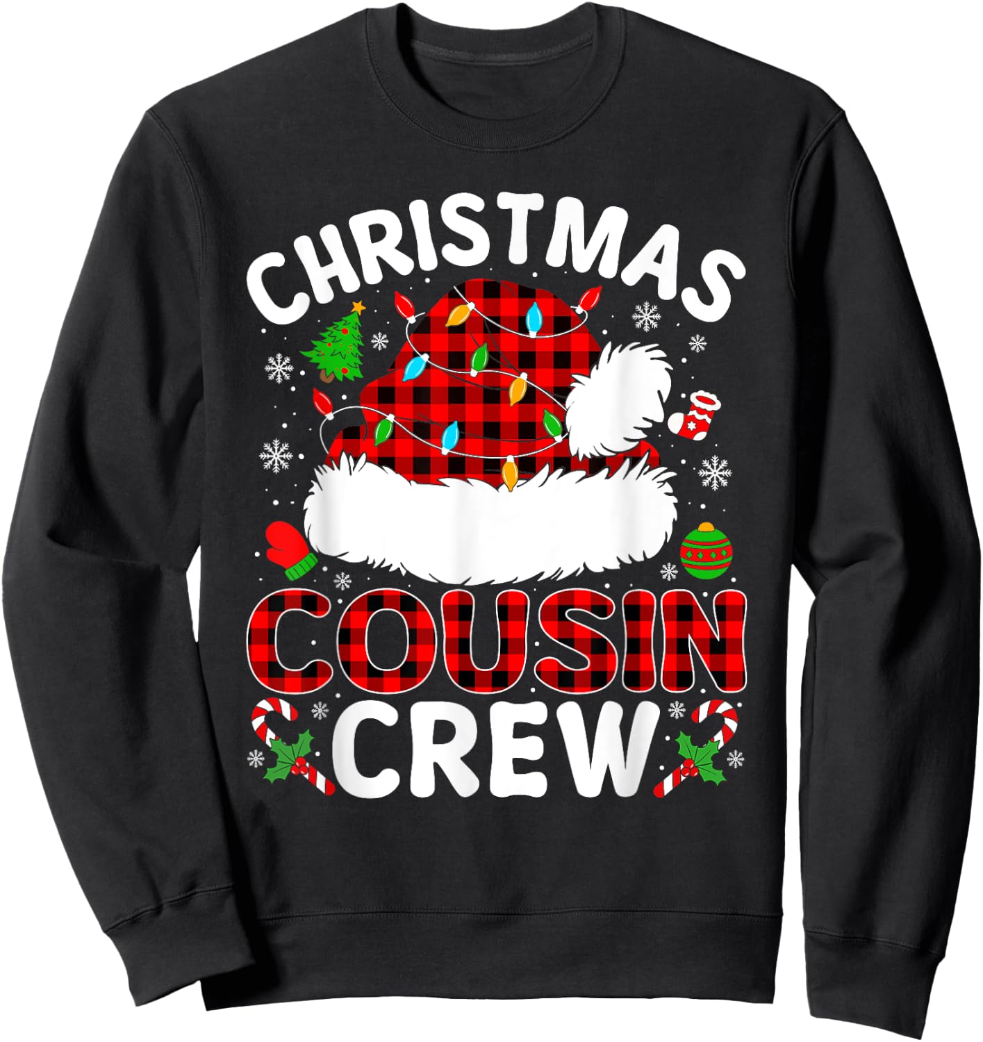 Christmas Cousin Crew Buffalo Plaid Santa Hat Xmas Pajamas Sweatshirt - Sweatshirt | Black