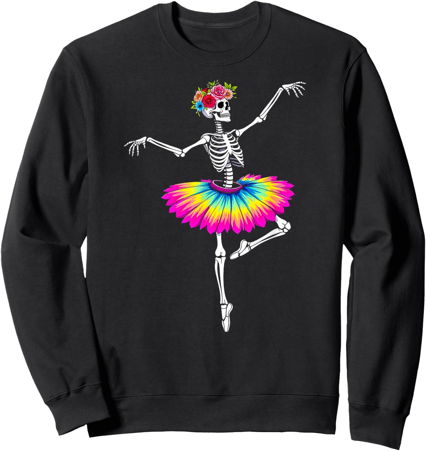 Girls Halloween Dancing Ballet Skeleton Rainbow Ballerina Sweatshirt - Sweatshirt | Black